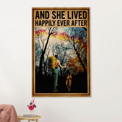 Hiking Poster Prints | Girl & Dog - She Lived Happily | Wall Art Gift for Hiker