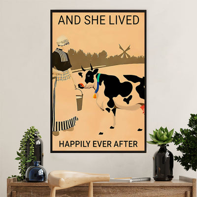 Farming Poster Prints | Cow Cattle - She Lived Happily | Wall Art Gift for Farmer