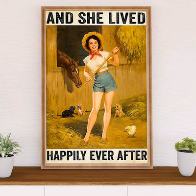 Farming Poster Prints | Horse Farm - She Lived Happily | Wall Art Gift for Farmer