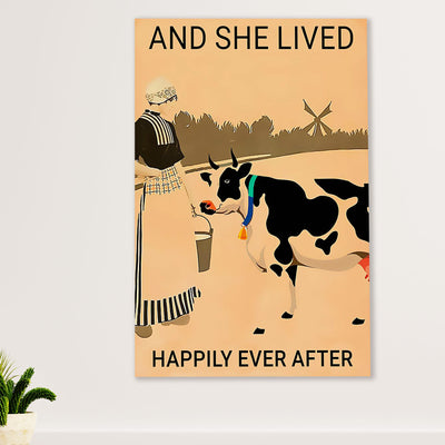 Farming Canvas Wall Art Prints | Cow Cattle - She Lived Happily | Home Décor Gift for Farmer