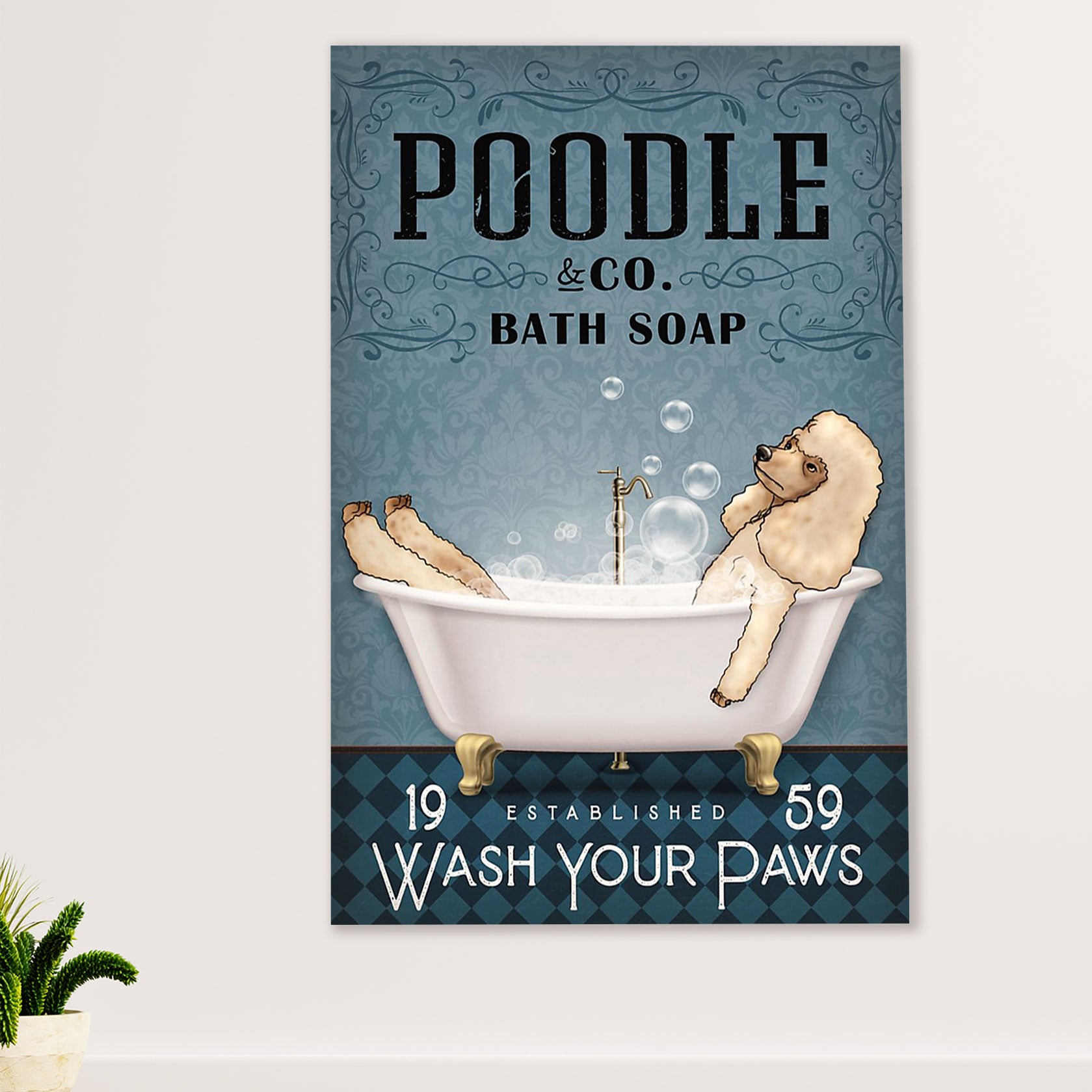 Poodle Co. Bath Soap Dog Canvas Wall Art Prints | Home Décor Gift for Poodle Puppies Lover
