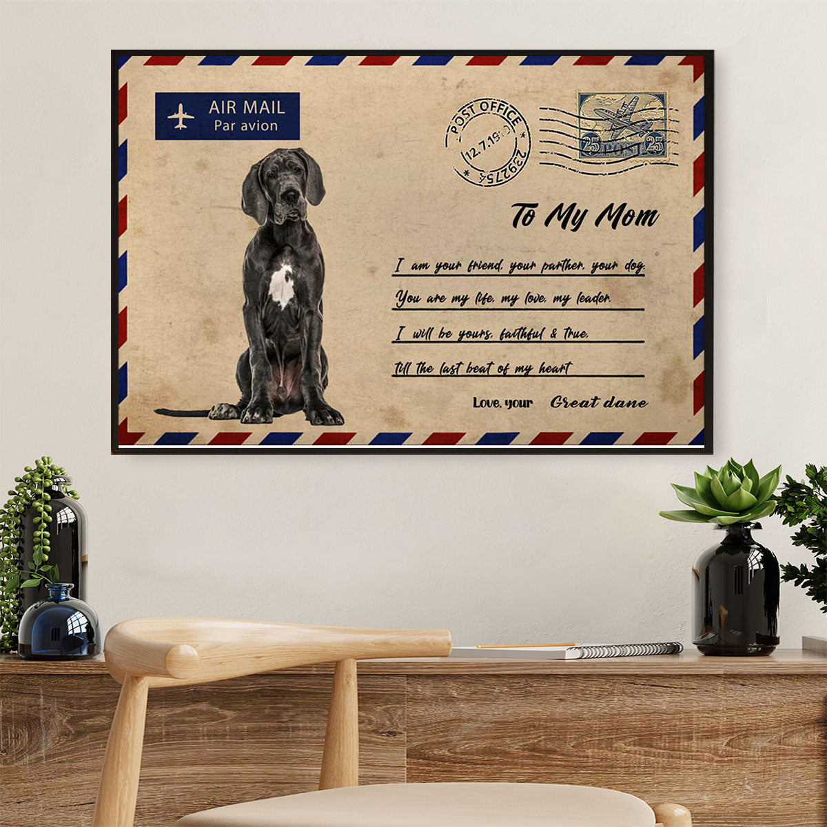 Great Dane Airmail to Mom Dog Canvas Wall Art Prints | Home Décor Gift for Great Dane Puppies Lover