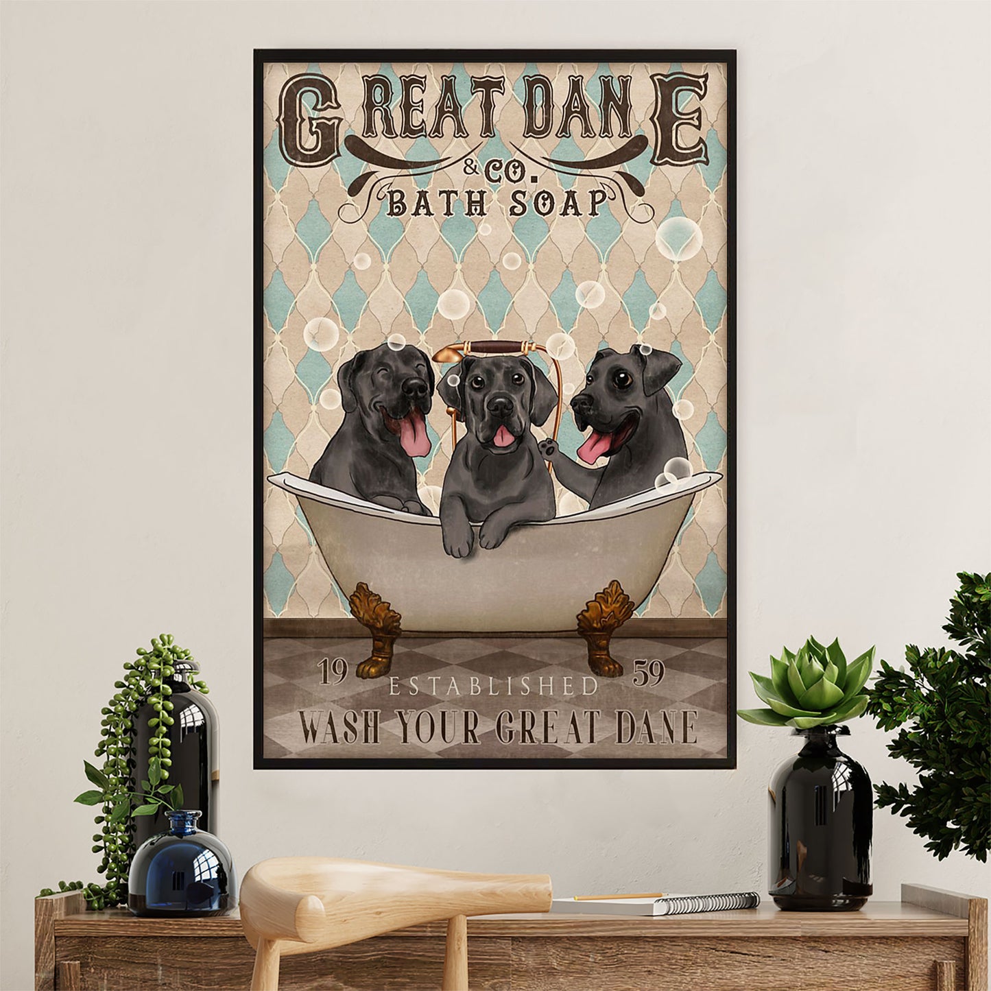 Great Dane Canvas Prints | Funny Dog in Bath | Wall Art Gift for Great Dane Puppies Lover