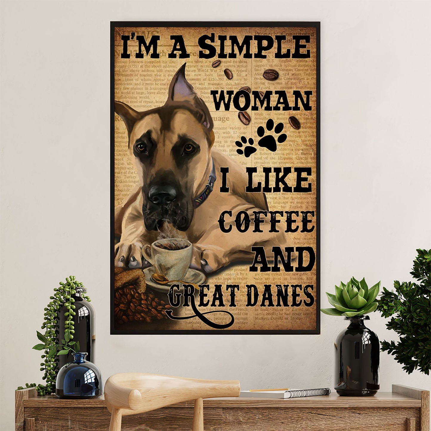 Great Dane Canvas Prints | Simple Woman Loves Coffee & Great Dane | Wall Art Gift for Great Dane Puppies Lover