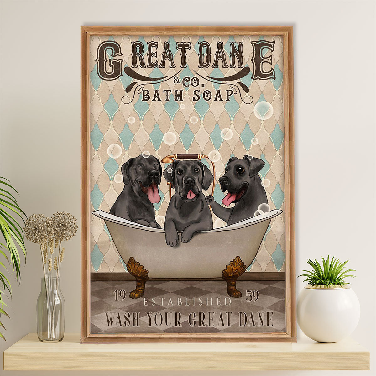 Great Dane Canvas Prints | Funny Dog in Bath | Wall Art Gift for Great Dane Puppies Lover
