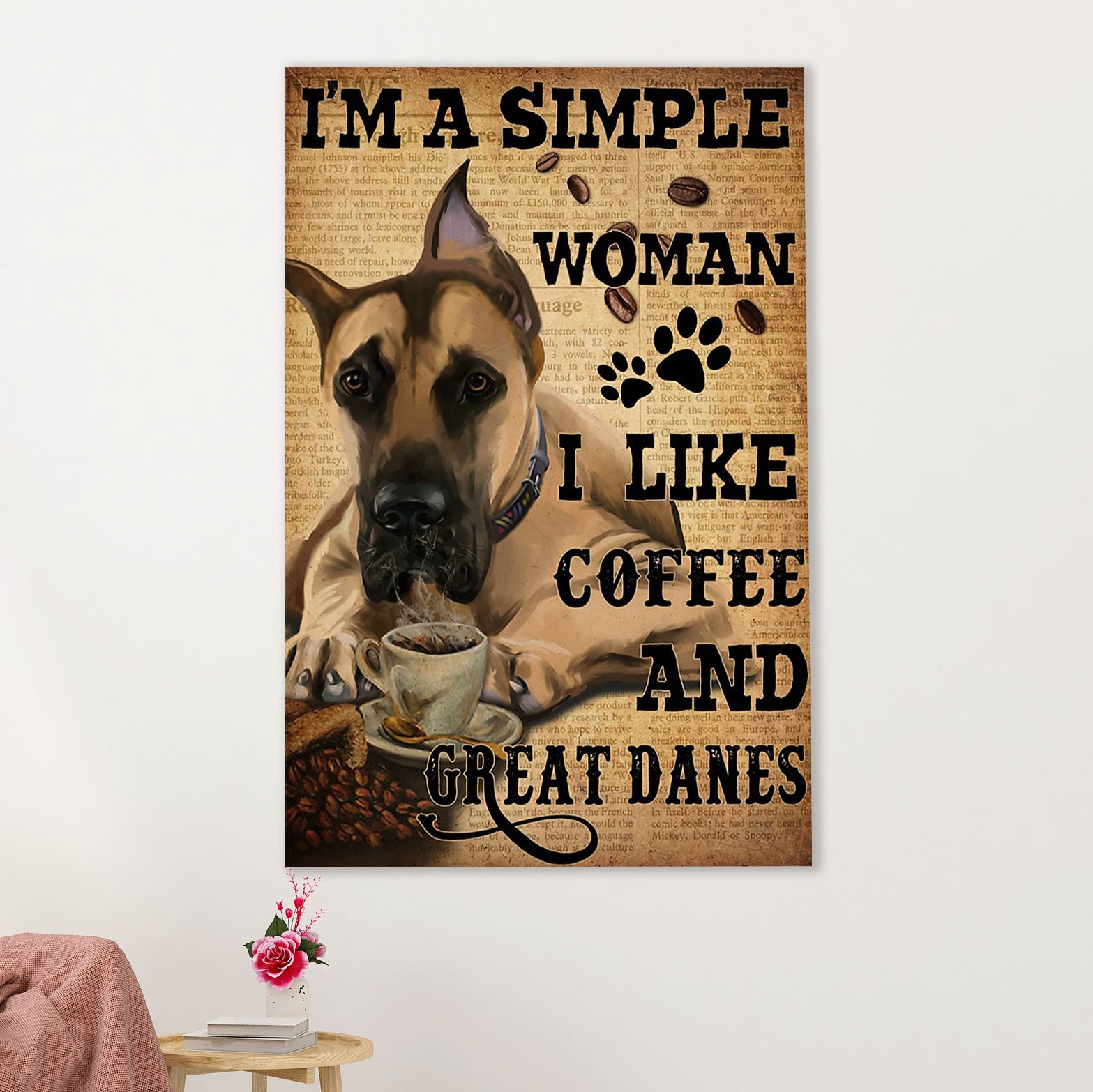 Great Dane Canvas Prints | Simple Woman Loves Coffee & Great Dane | Wall Art Gift for Great Dane Puppies Lover