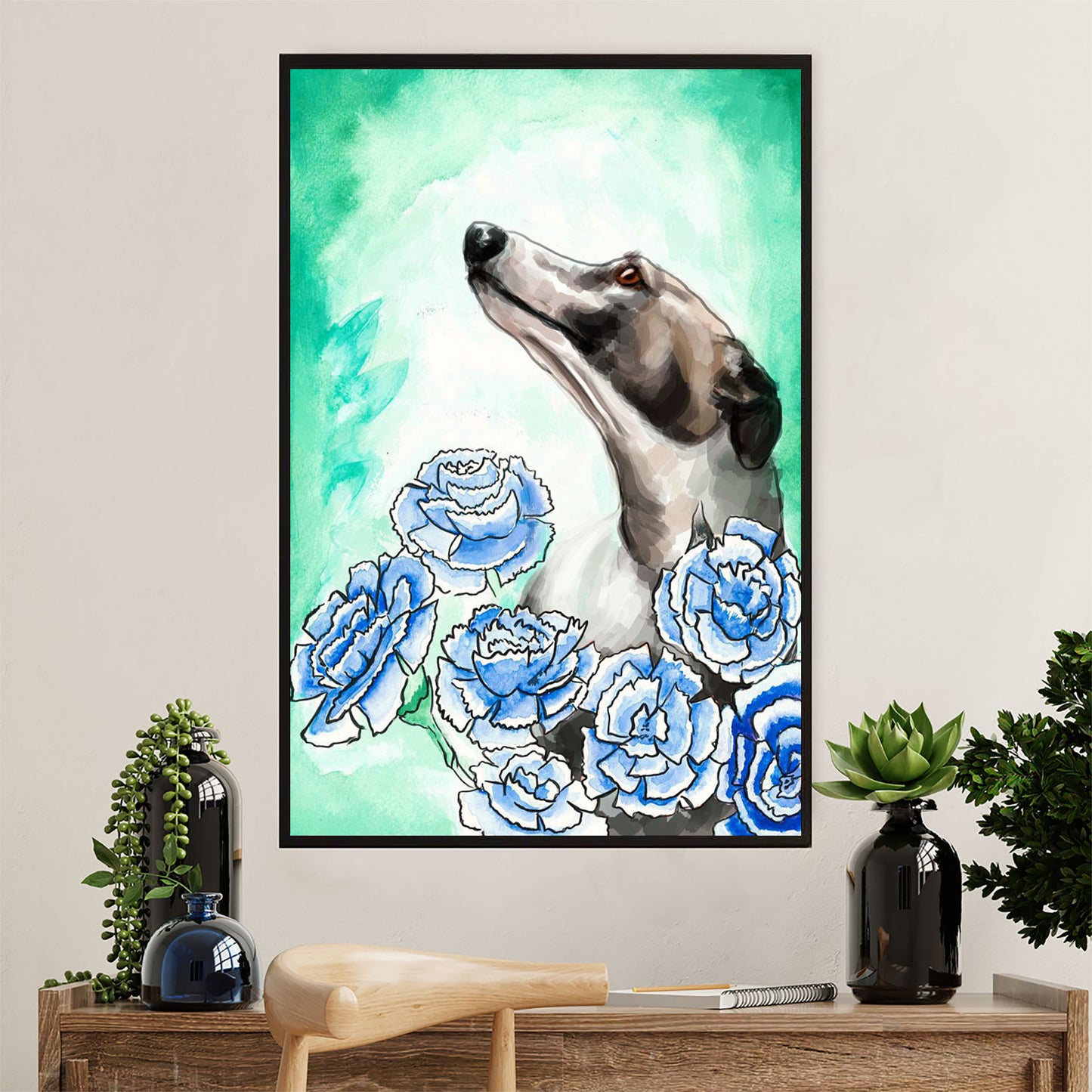 Greyhound Dog Canvas Prints | Watercolor Dog Flower Art Painting | Wall Art Gift for Greyhound Puppies Lover