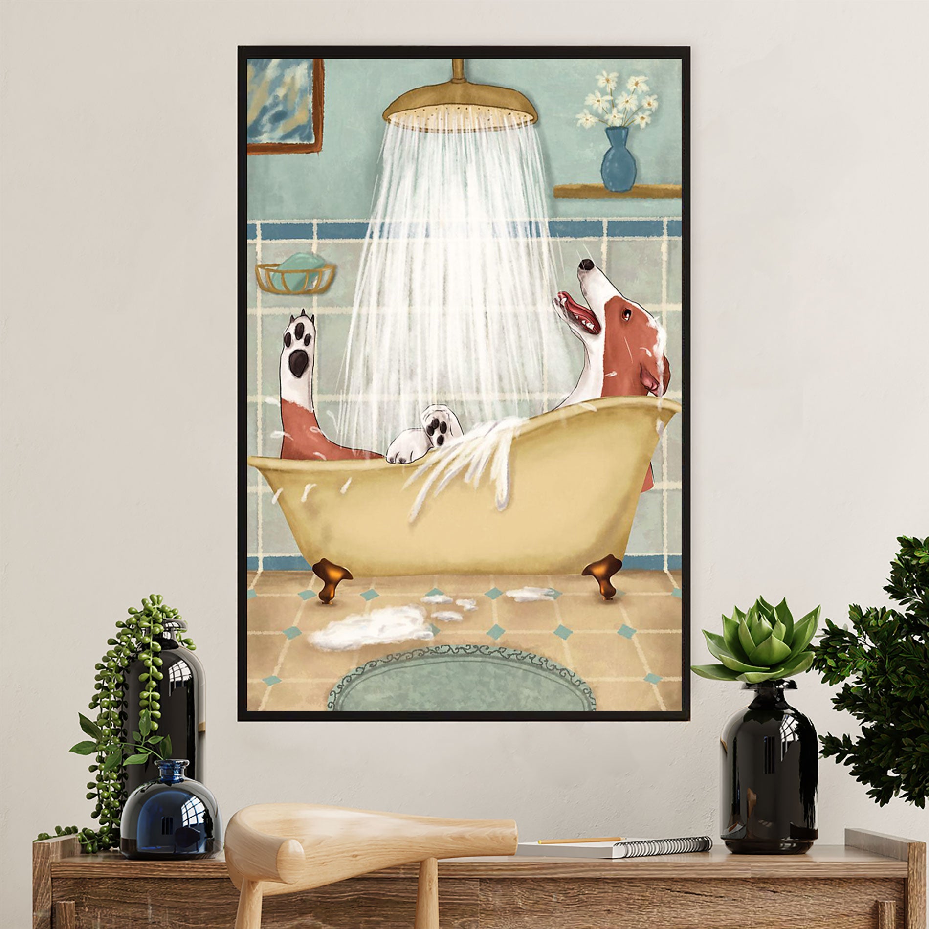 Greyhound Dog Canvas Prints | Funny Dog in Bath | Wall Art Gift for Greyhound Puppies Lover