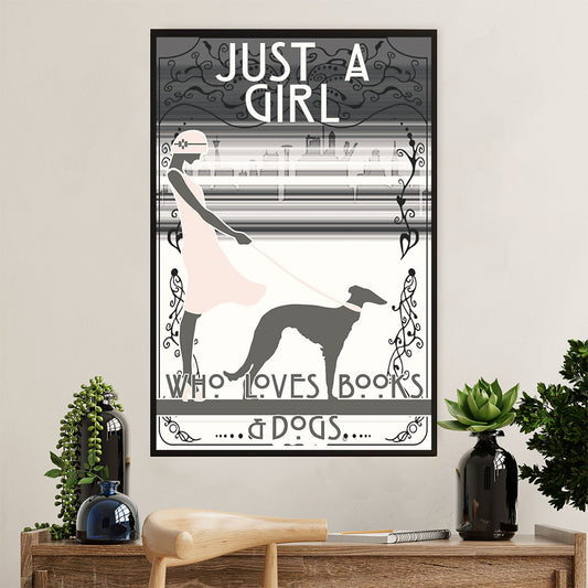 Greyhound Dog Poster Prints | Girl Loves Books & Dogs | Wall Art Gift for Greyhound Puppies Lover
