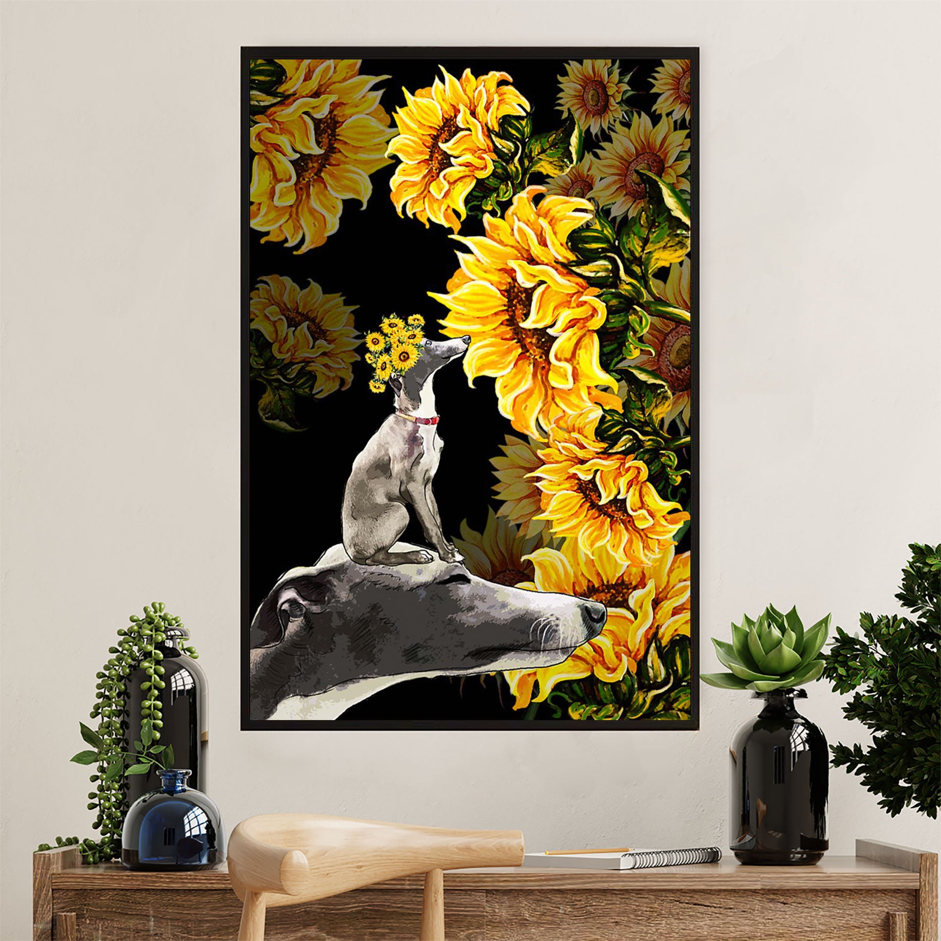 Greyhound Dog Canvas Prints | Sunflower Dog Greyhound | Wall Art Gift for Greyhound Puppies Lover