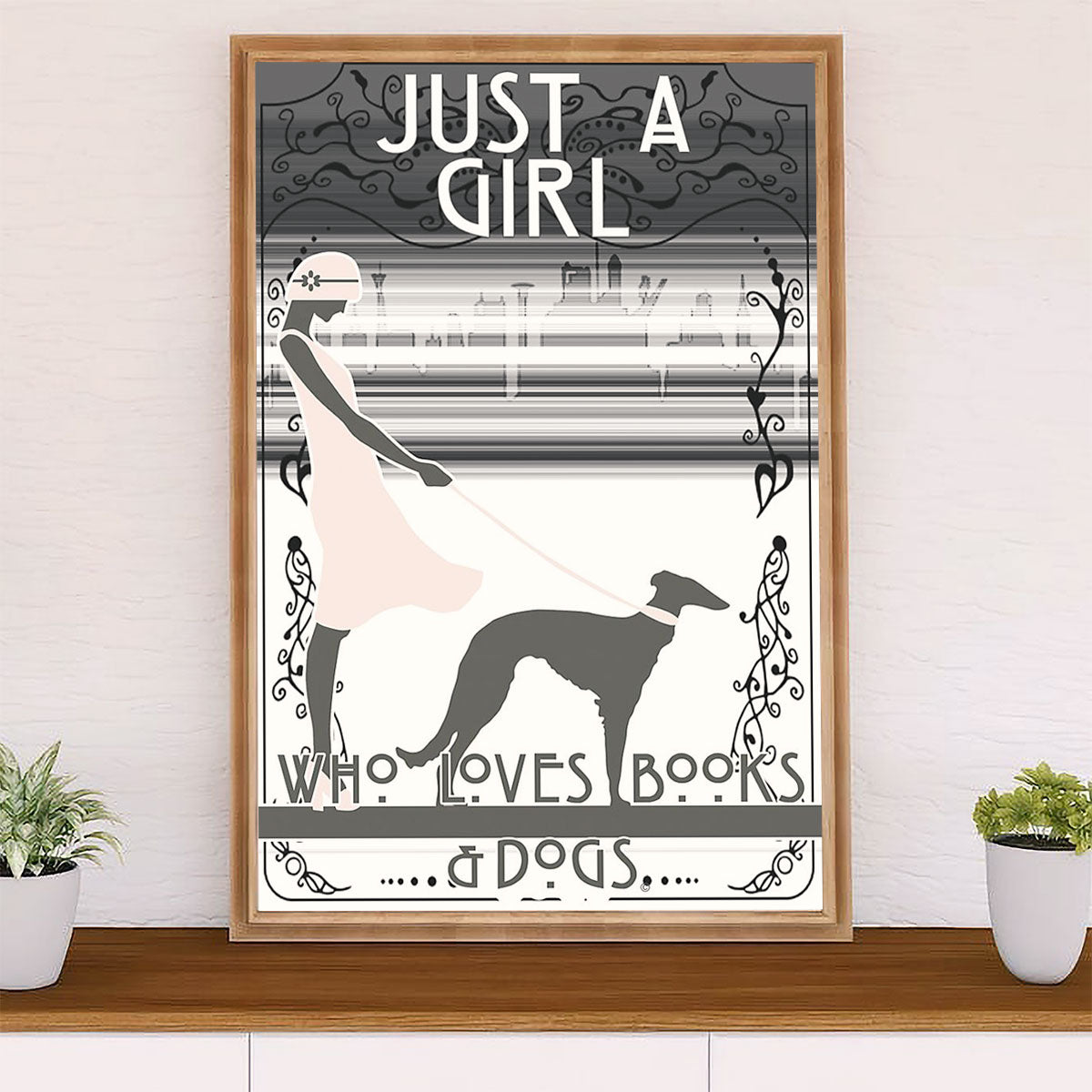 Greyhound Dog Poster Prints | Girl Loves Books & Dogs | Wall Art Gift for Greyhound Puppies Lover