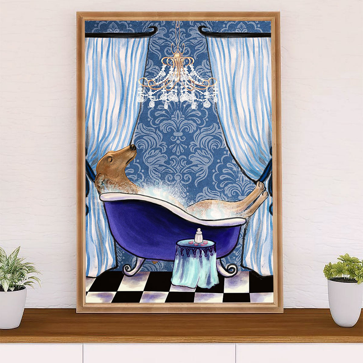 Greyhound Dog Poster Prints | Funny Dog in Bath | Wall Art Gift for Greyhound Puppies Lover