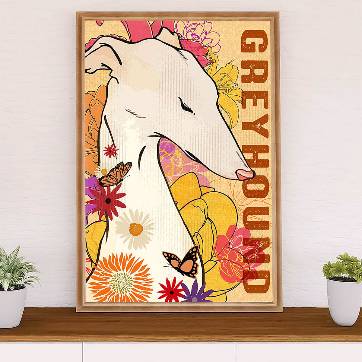 Greyhound Dog Canvas Prints | Flower Butterfly Greyhound | Wall Art Gift for Greyhound Puppies Lover