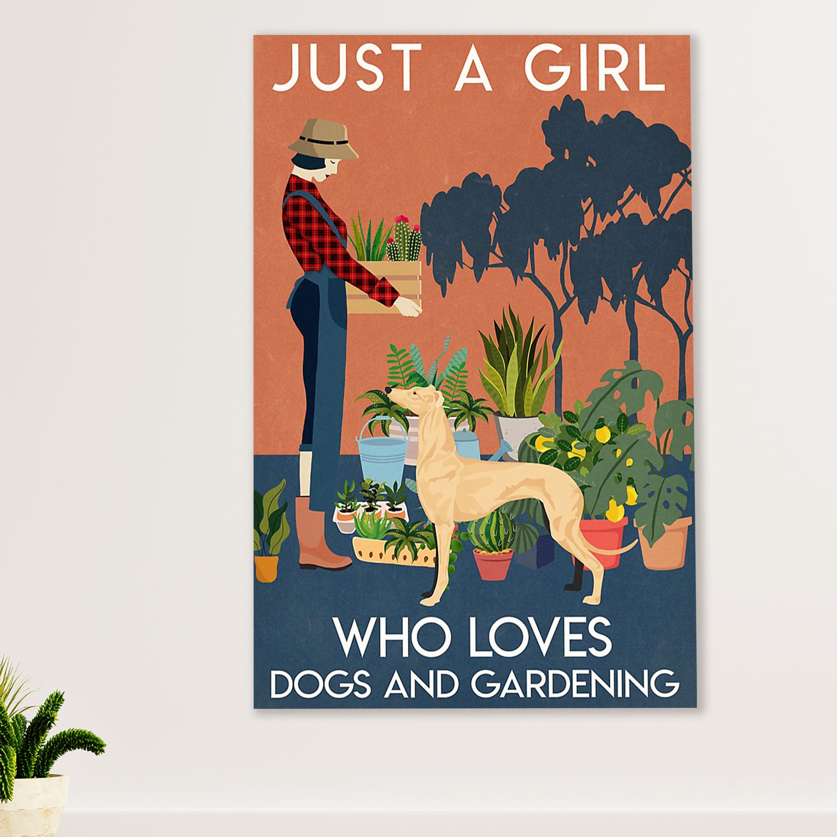 Greyhound Dog Poster Prints | Girl Loves Dogs & Gardening | Wall Art Gift for Greyhound Puppies Lover