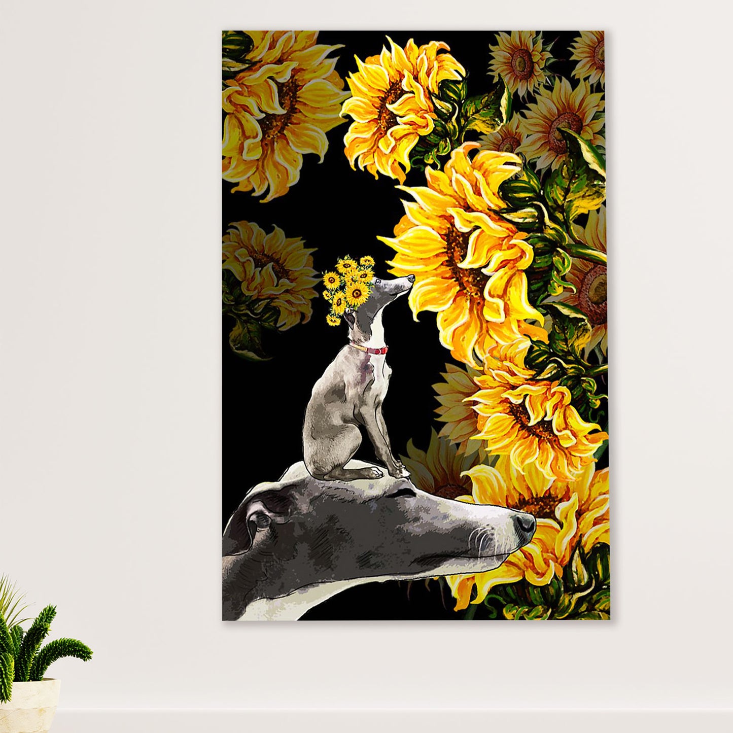 Greyhound Dog Canvas Prints | Sunflower Dog Greyhound | Wall Art Gift for Greyhound Puppies Lover