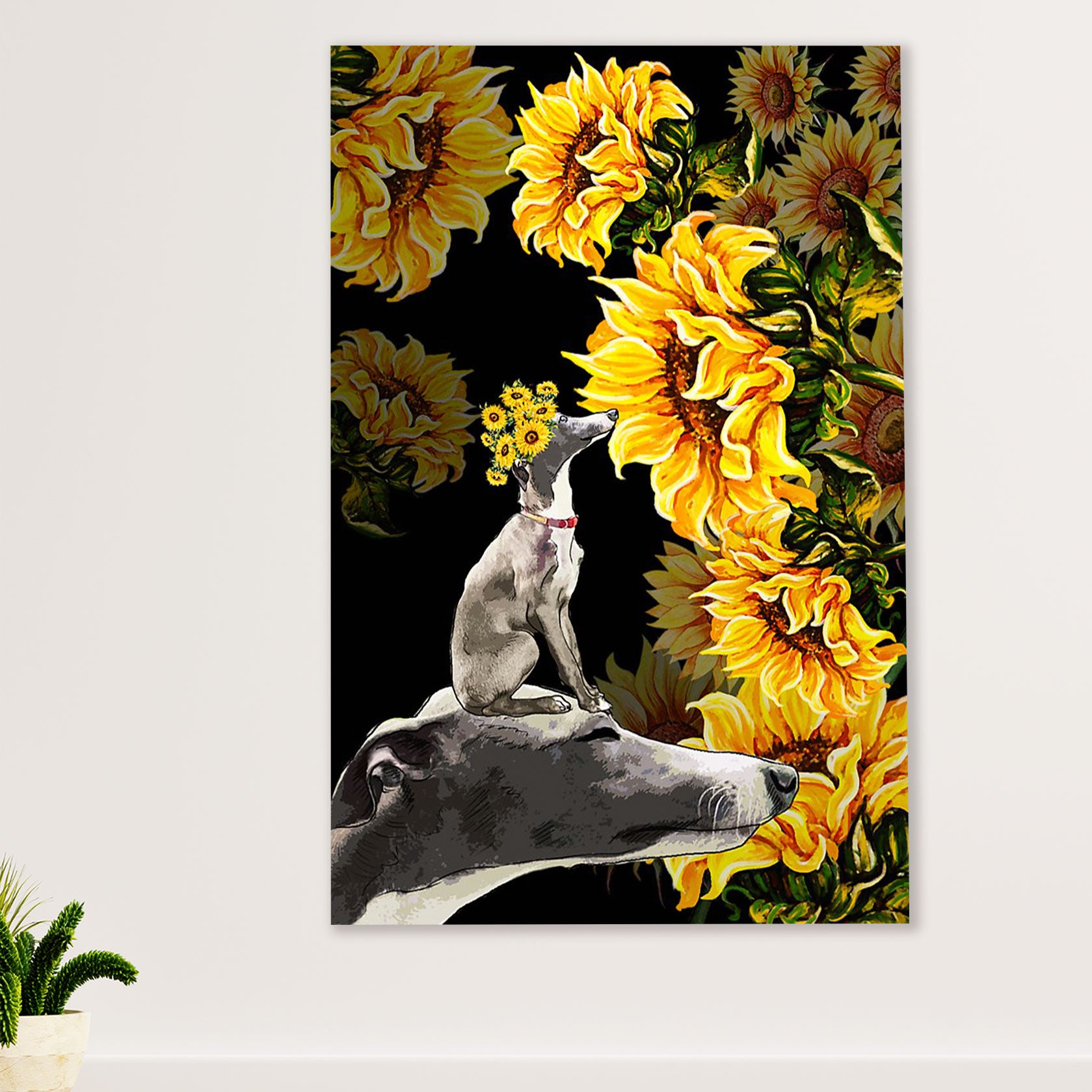 Greyhound Dog Canvas Prints | Sunflower Dog Greyhound | Wall Art Gift for Greyhound Puppies Lover