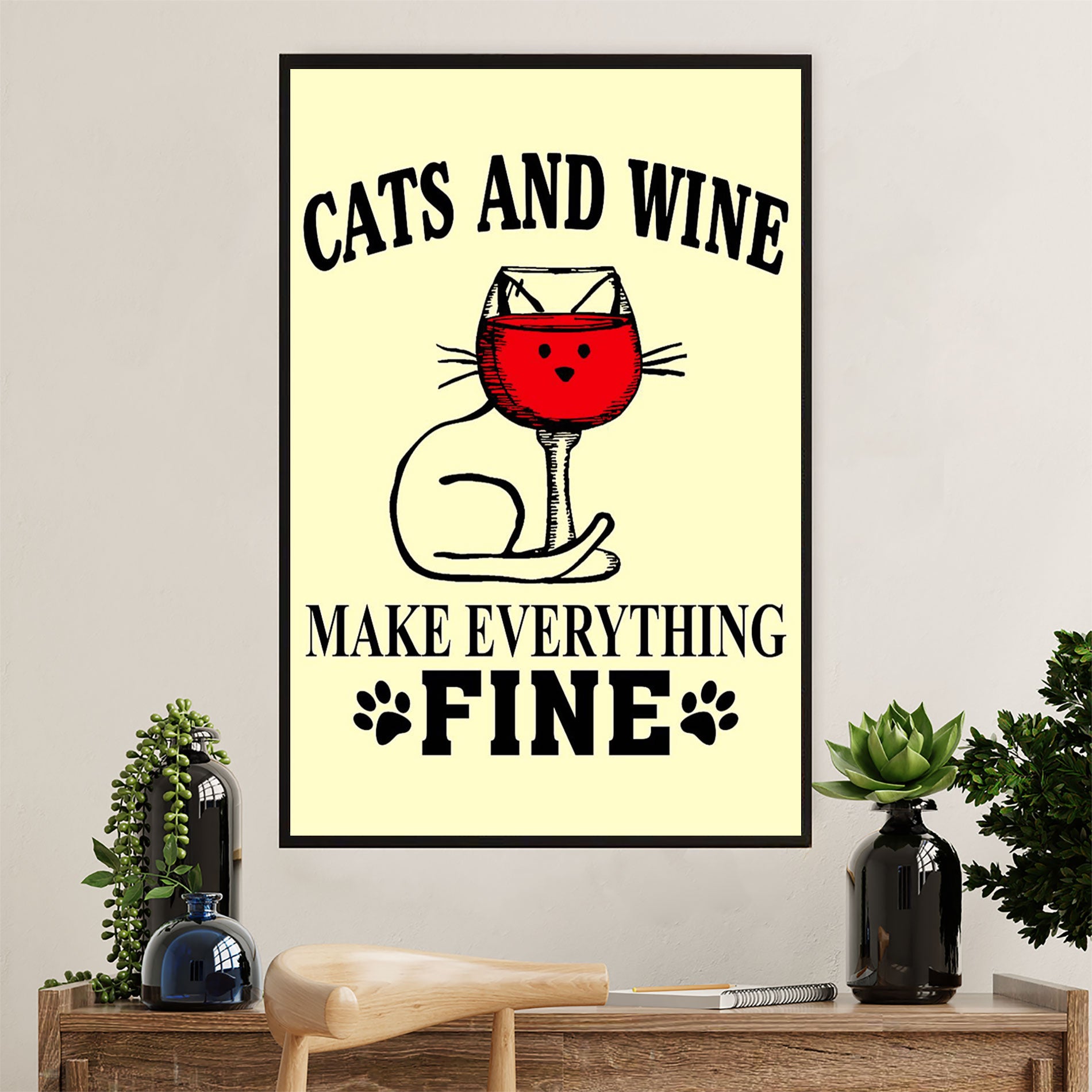 Cute Cat Canvas Prints | Loves Cats & Wine | Wall Art Gift for Cat Kitties Lover