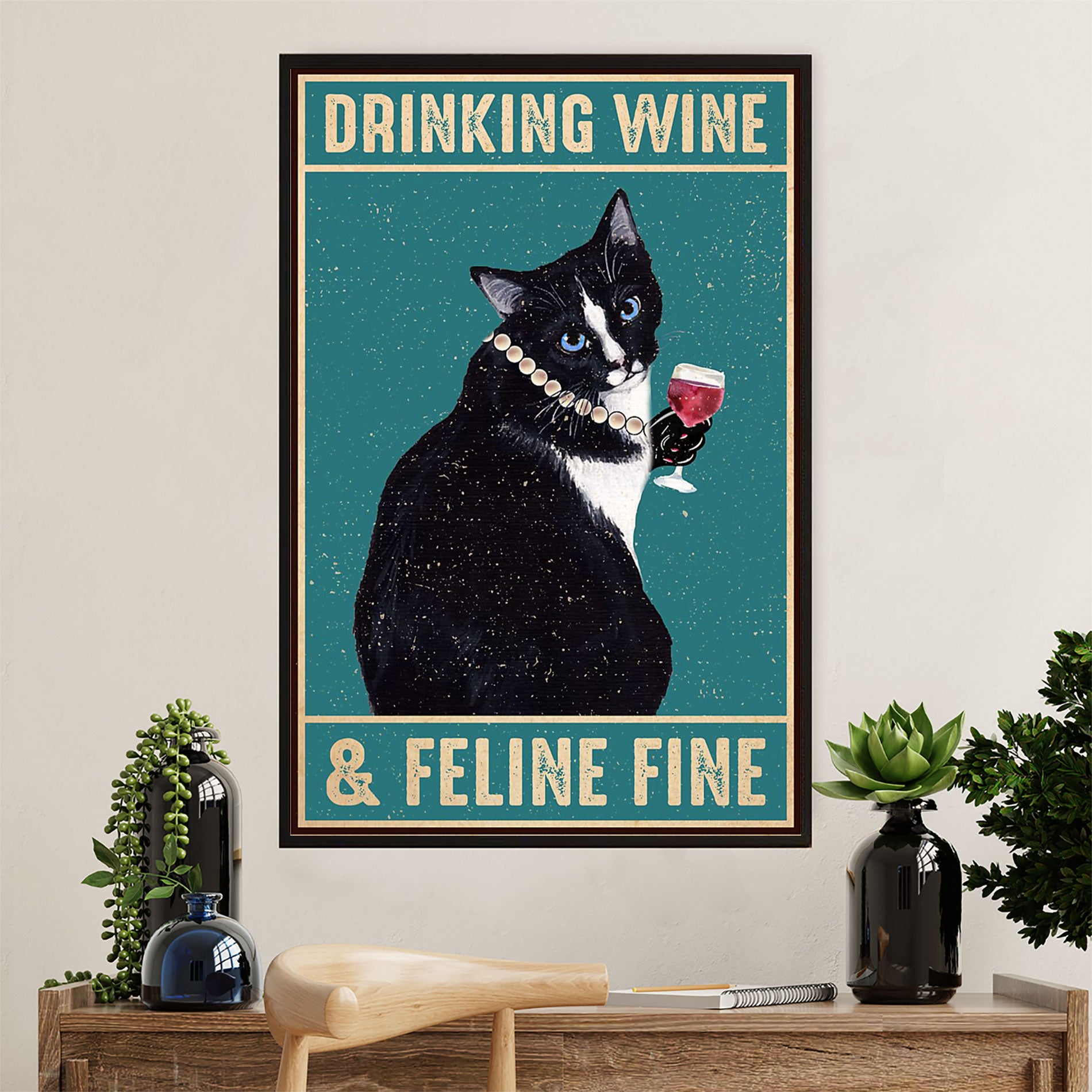 Cute Cat Poster Prints | Cat Drinking Wine | Wall Art Gift for Cat Kitties Lover