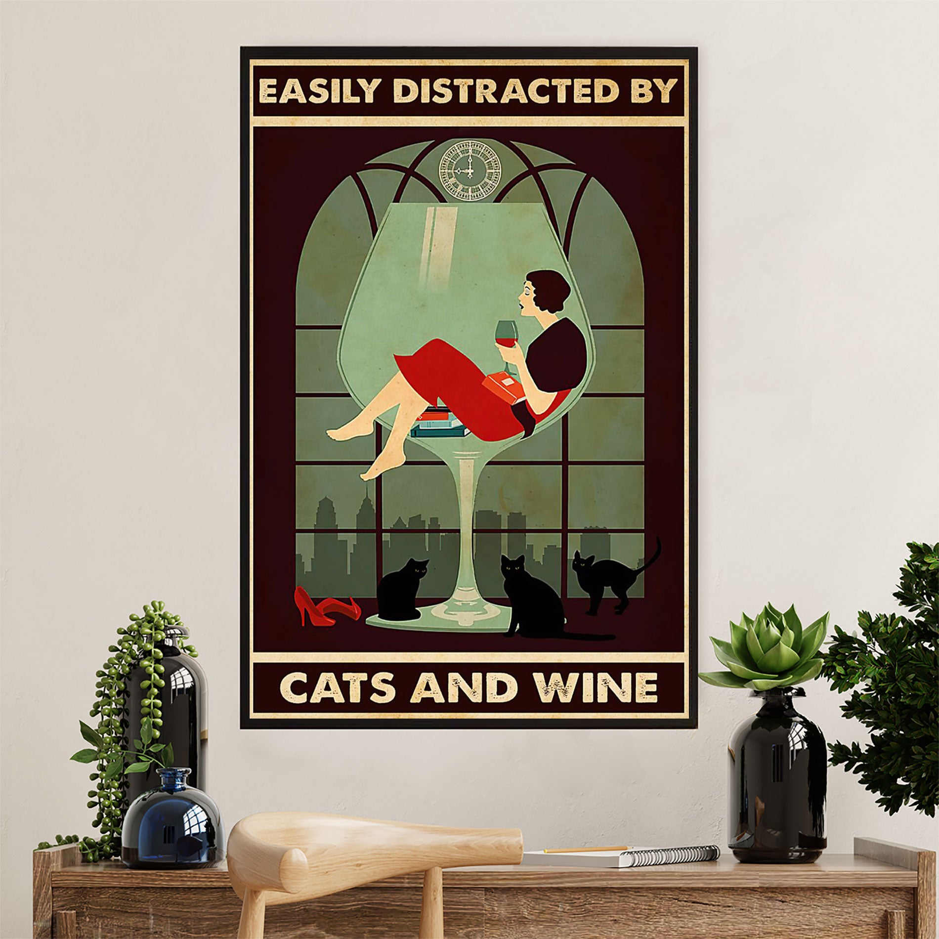 Cute Cat Poster Prints | Lady Distracted by Cats & Wine | Wall Art Gift for Cat Kitties Lover