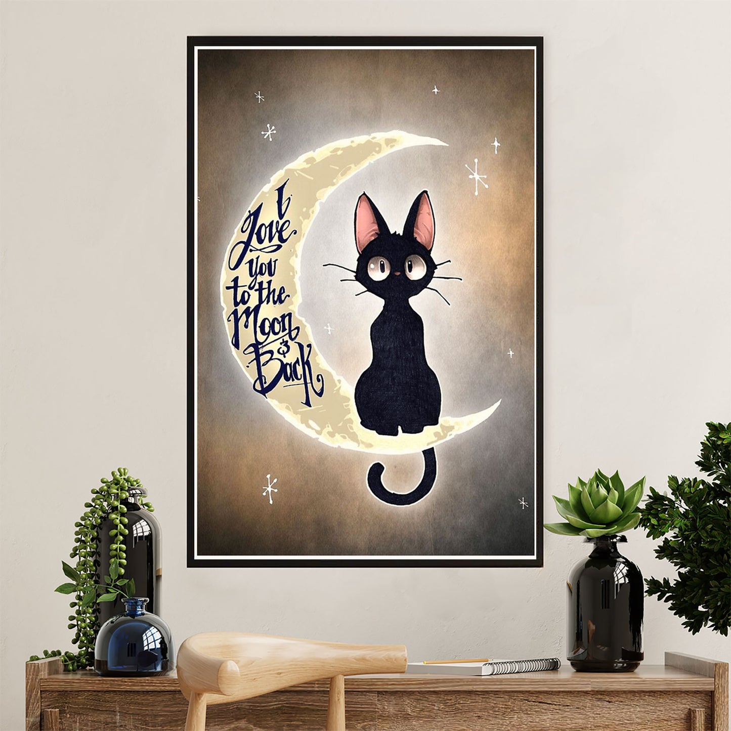 Cute Cat Canvas Prints | Funny Black Cat Love You To The Moon | Wall Art Gift for Cat Kitties Lover