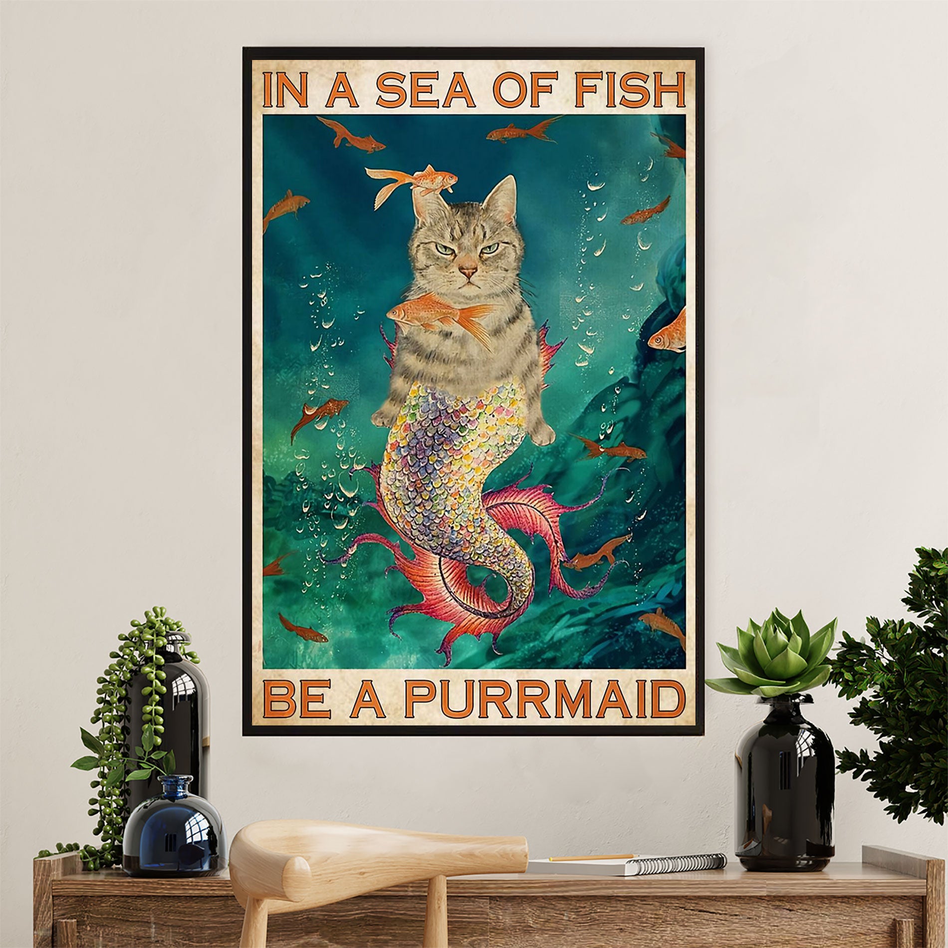 Cute Cat Canvas Prints | Funny Cat Mermaid - Purrmaid | Wall Art Gift for Cat Kitties Lover