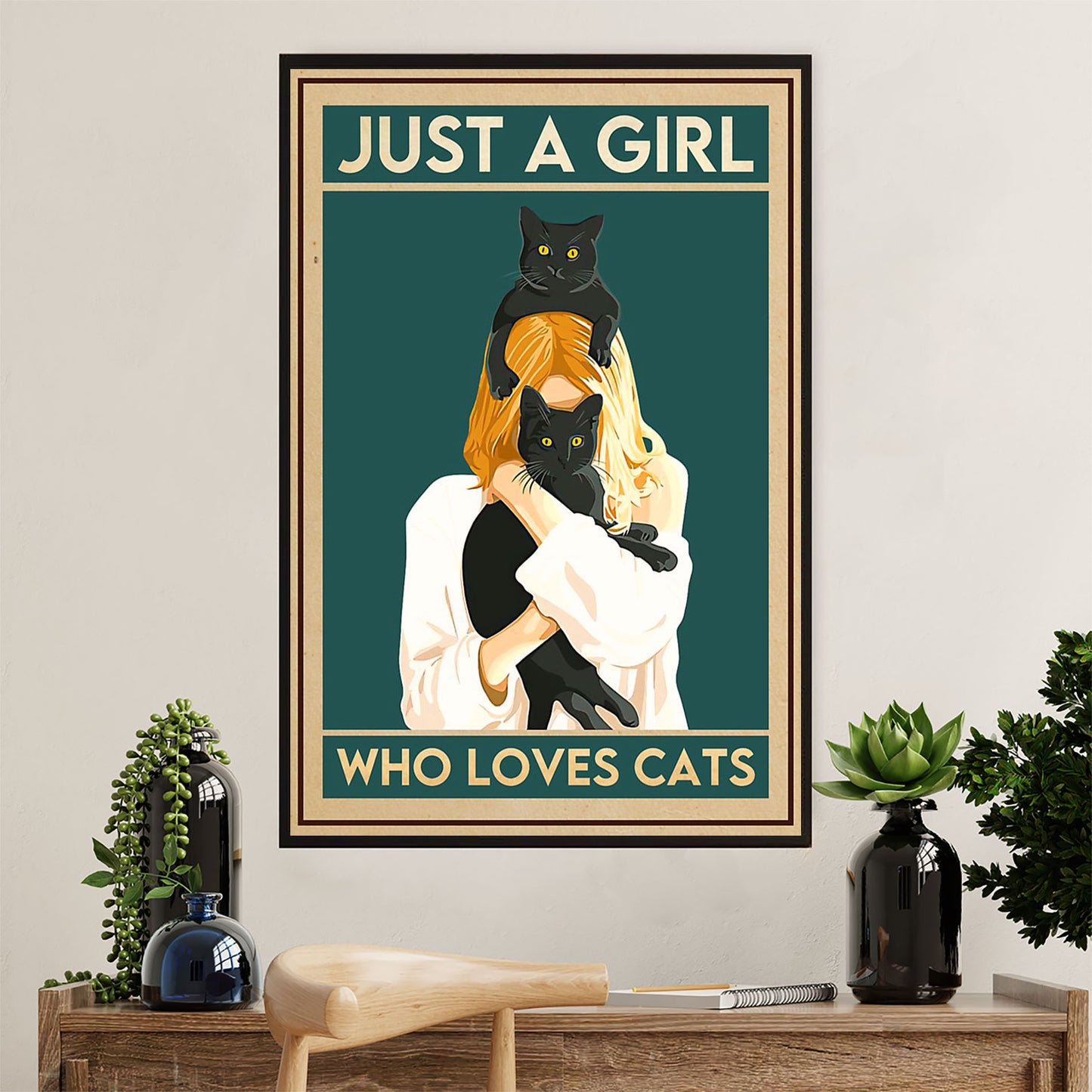 Cute Cat Poster Prints | Girl Loves Black Cat | Wall Art Gift for Cat Kitties Lover