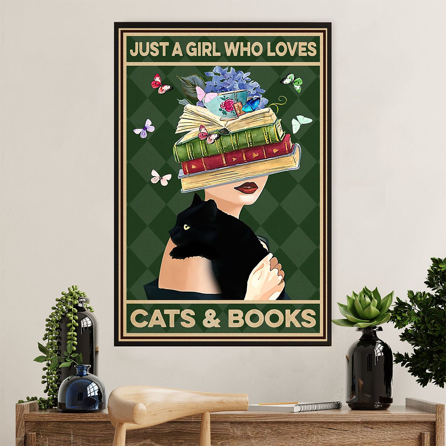 Cute Cat Poster Prints | Girl Loves Black Cat & Books | Wall Art Gift for Cat Kitties Lover