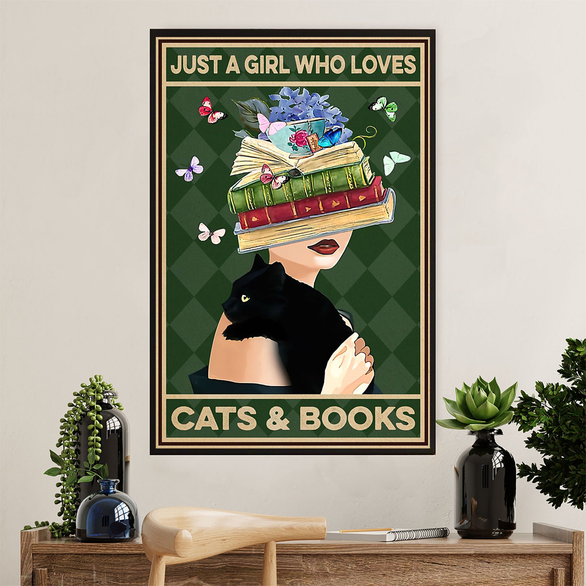 Cute Cat Poster Prints | Girl Loves Black Cat & Books | Wall Art Gift for Cat Kitties Lover