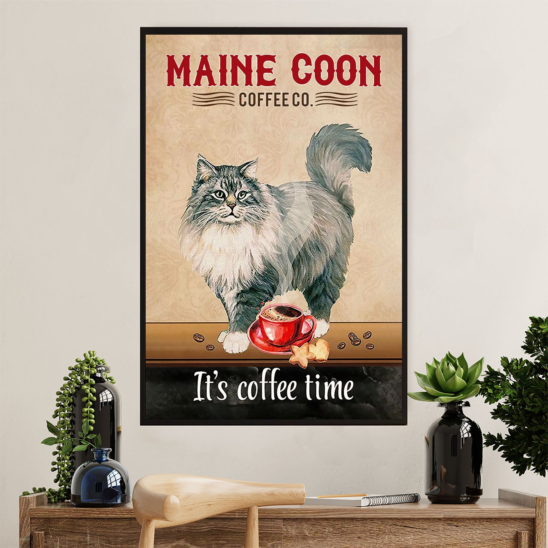 Cute Cat Poster Prints | Funny Maine Coon Cat Coffee | Wall Art Gift for Cat Kitties Lover