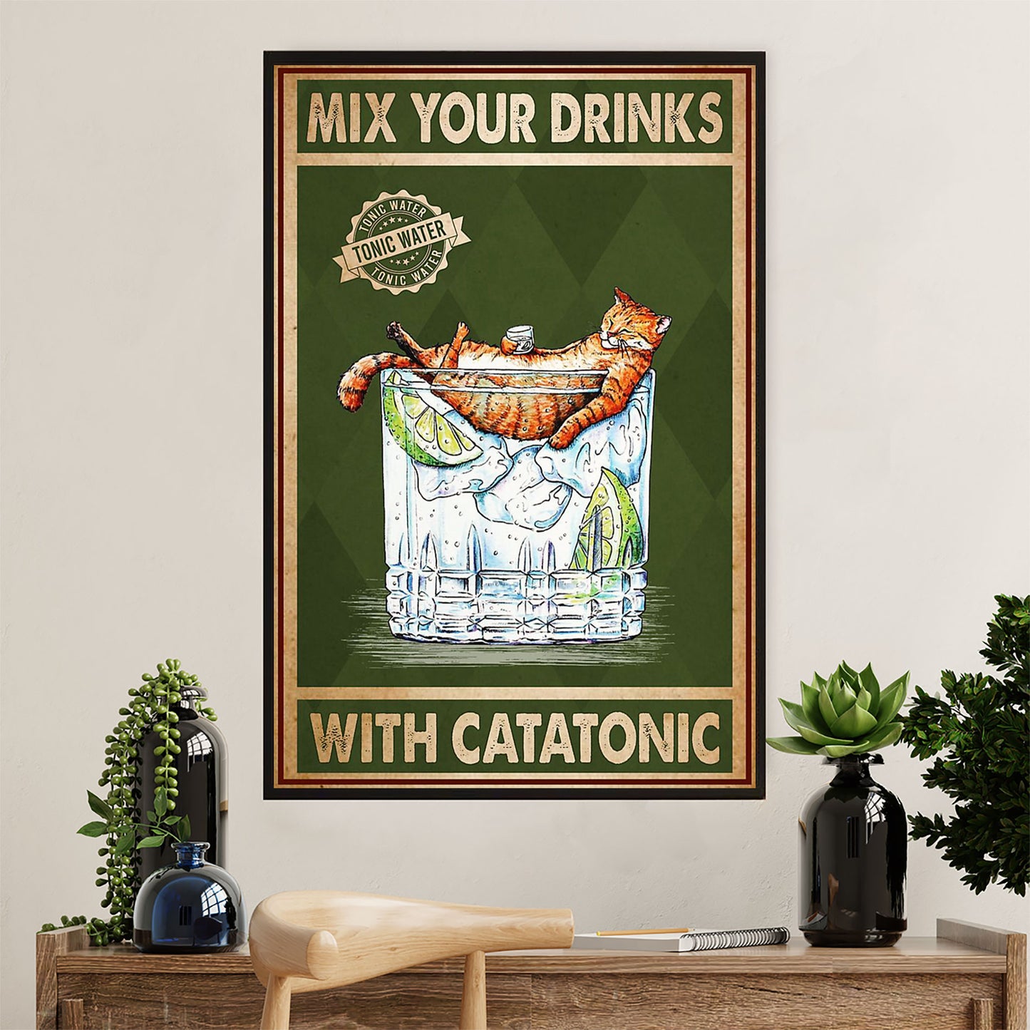 Cute Cat Poster Prints | Funny Cat Tonic Water Mix Your Drinks | Wall Art Gift for Cat Kitties Lover