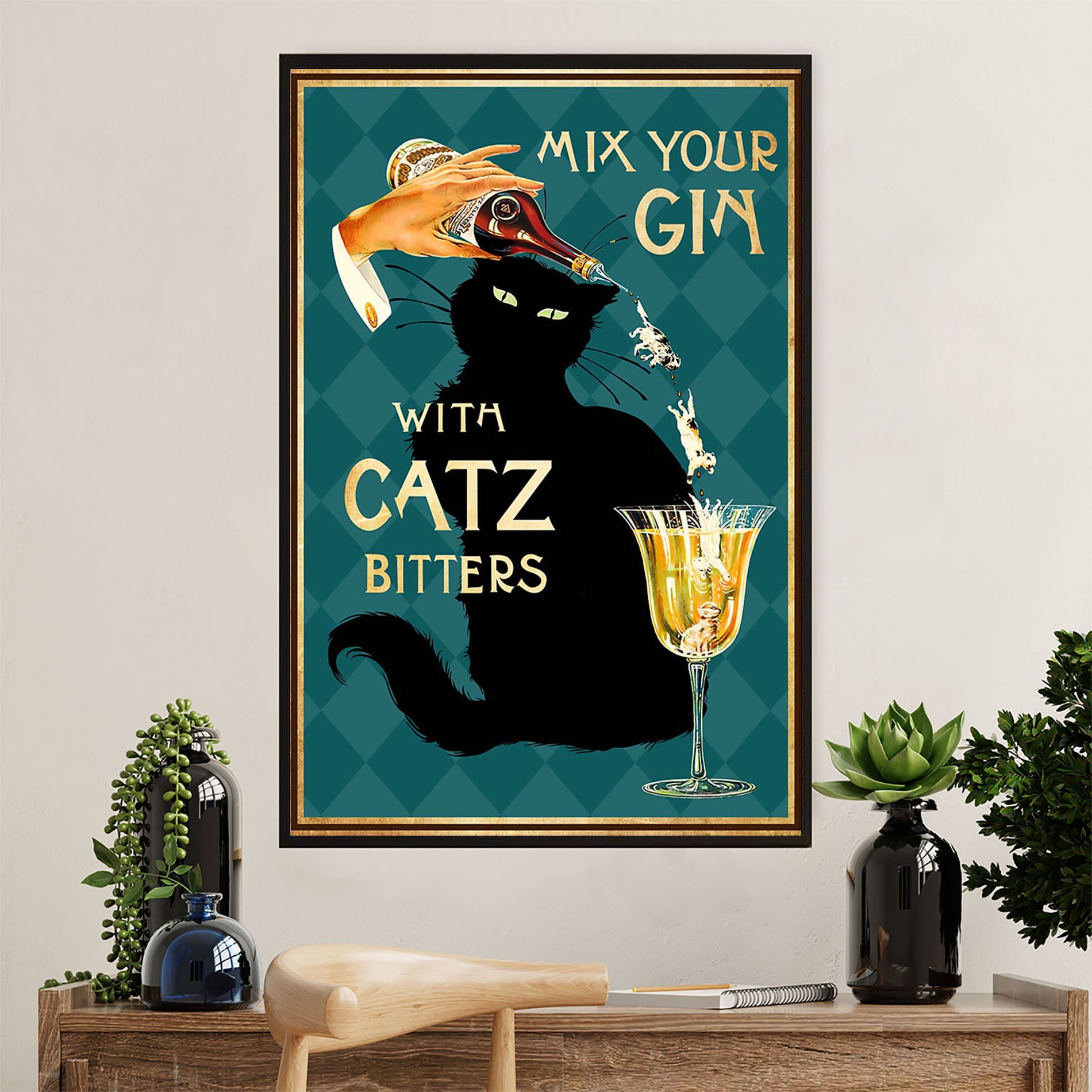 Cute Cat Poster Prints | Funny Black Cat Mix Your Gin | Wall Art Gift for Cat Kitties Lover