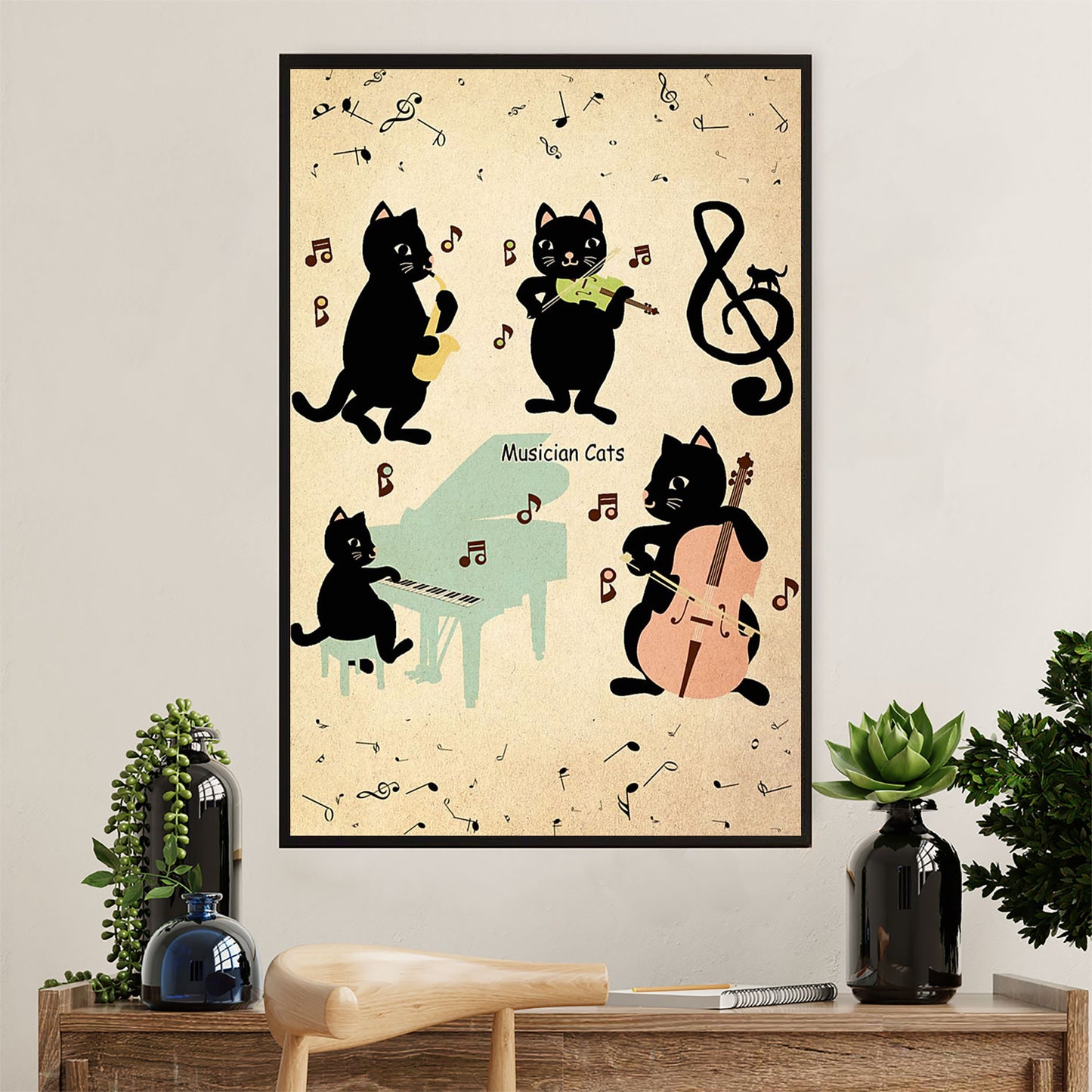 Cute Cat Poster Prints | Funny Black Cat Musician Cats | Wall Art Gift for Cat Kitties Lover