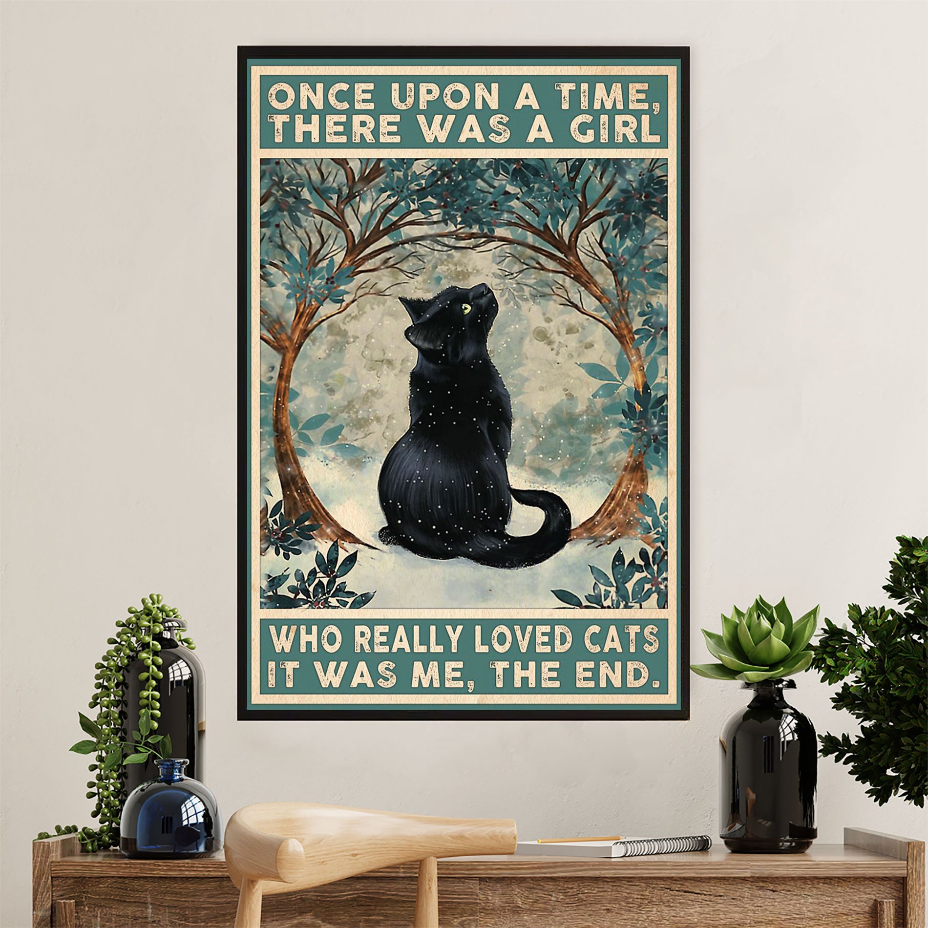 Cute Cat Poster Prints | Girl Loves Black Cat | Wall Art Gift for Cat Kitties Lover