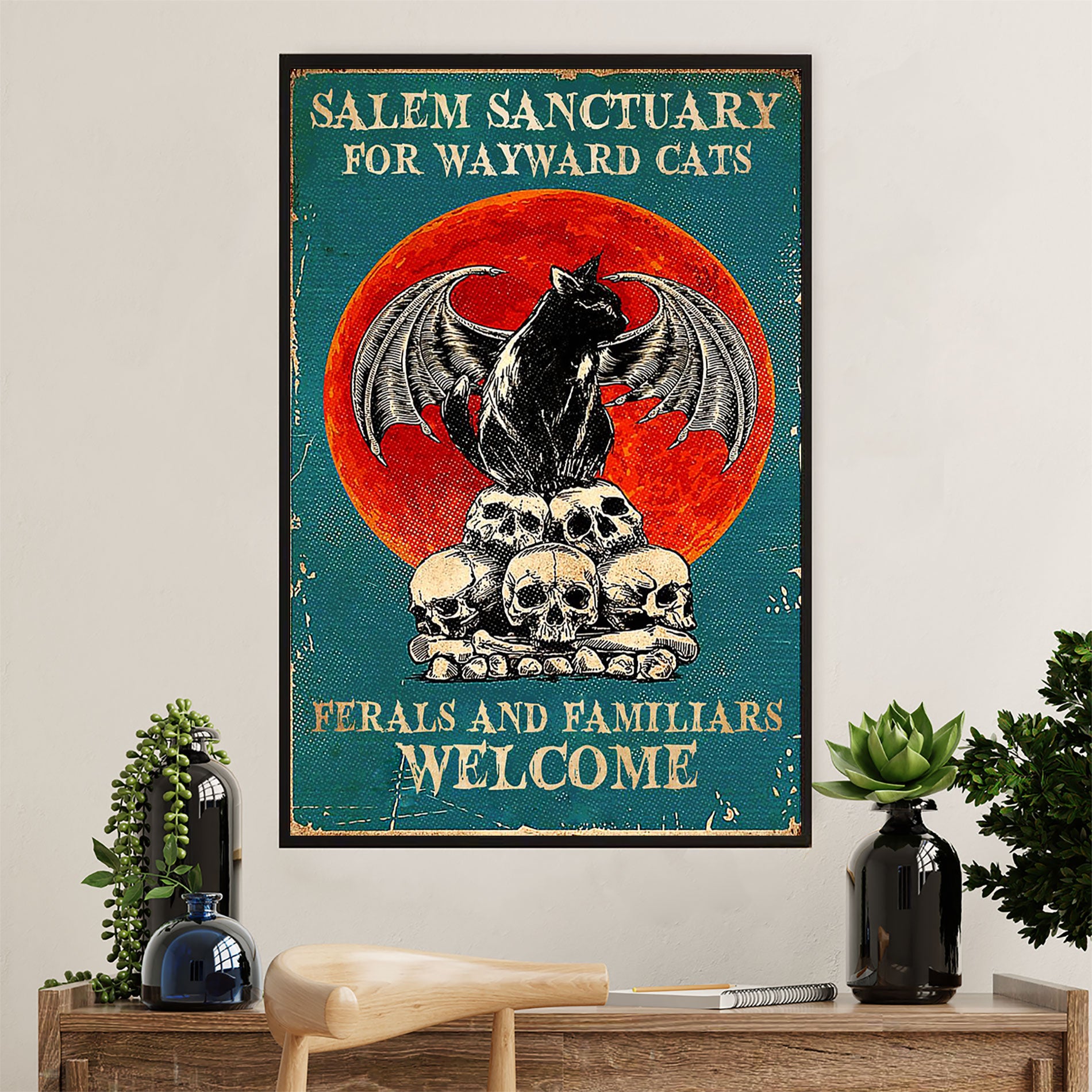 Cute Cat Poster Prints | Evil Black Cat Red Moon Haloween | Wall Art Gift for Cat Kitties Lover