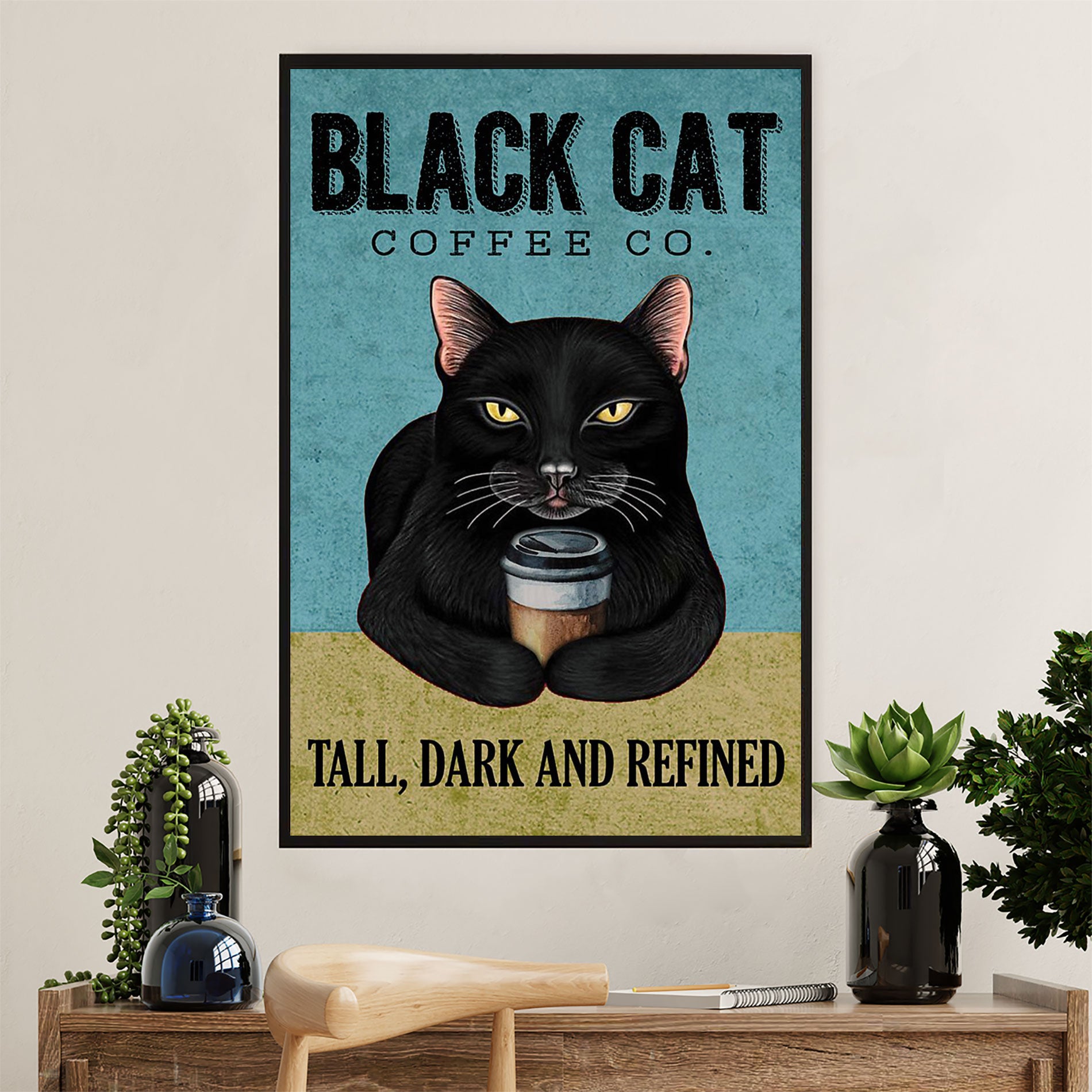 Cute Cat Poster Prints | Funny Black Cat Coffee Co. | Wall Art Gift for Cat Kitties Lover