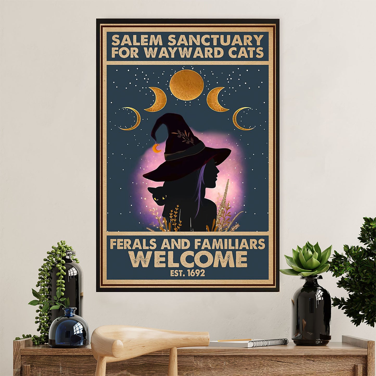 Cute Cat Poster Prints | Salem Sanctuary Black Cat Witch | Wall Art Gift for Cat Kitties Lover