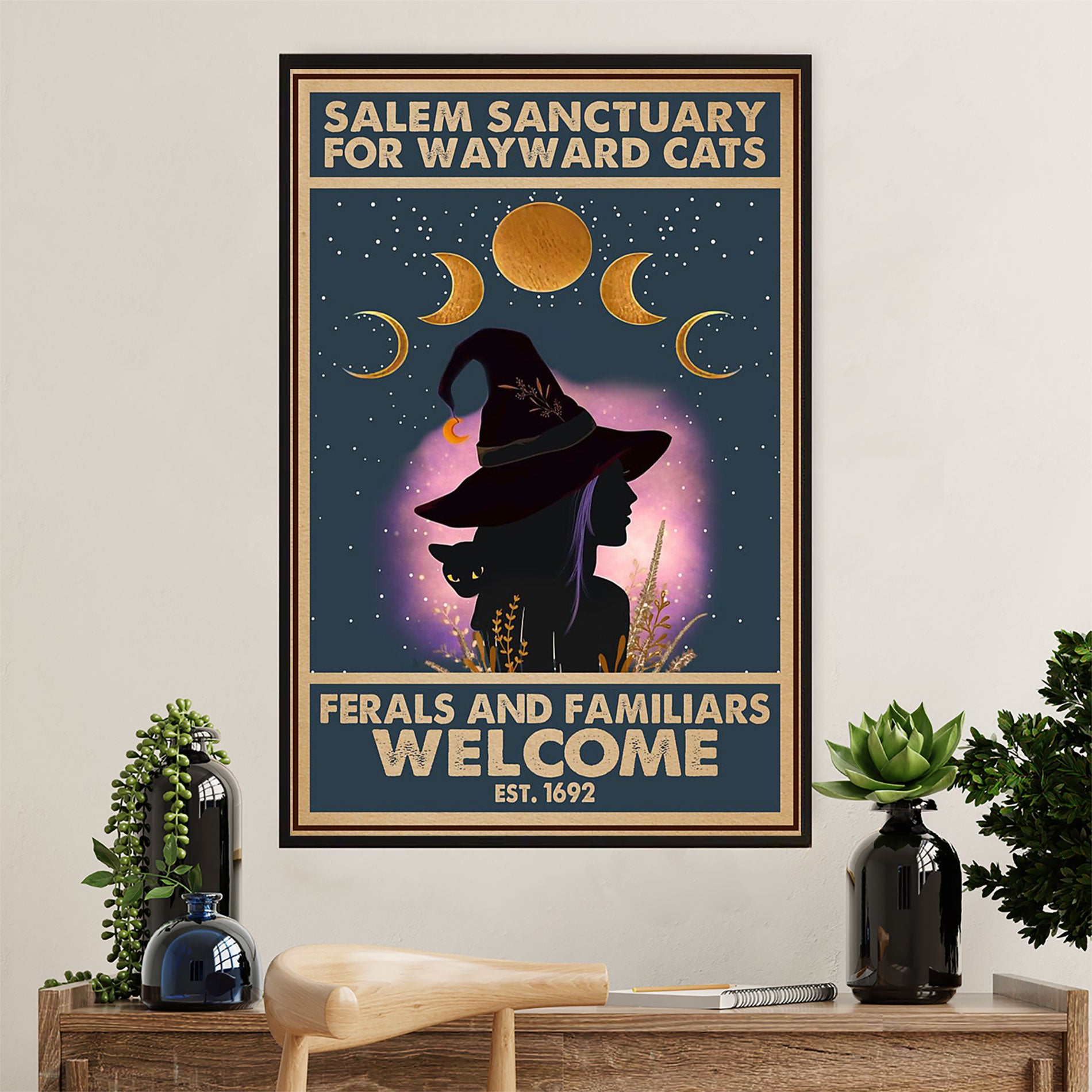 Cute Cat Poster Prints | Salem Sanctuary Black Cat Witch | Wall Art Gift for Cat Kitties Lover