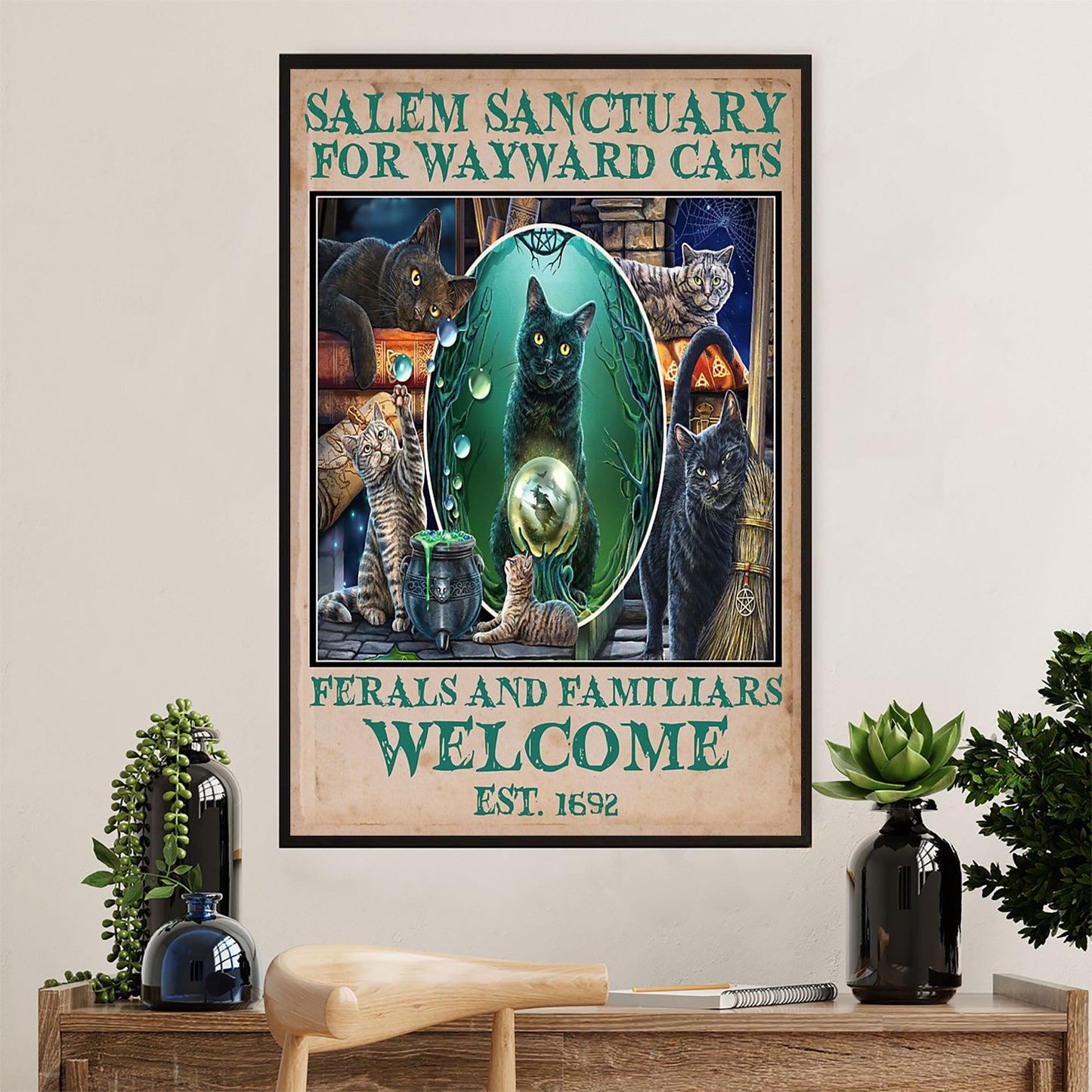 Cute Cat Poster Prints | Salem Sanctuary Black Cat Witch | Wall Art Gift for Cat Kitties Lover