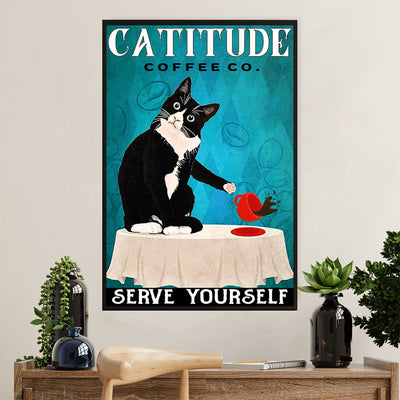 Cute Cat Poster Prints | Funny Cattitude Coffee | Wall Art Gift for Cat Kitties Lover