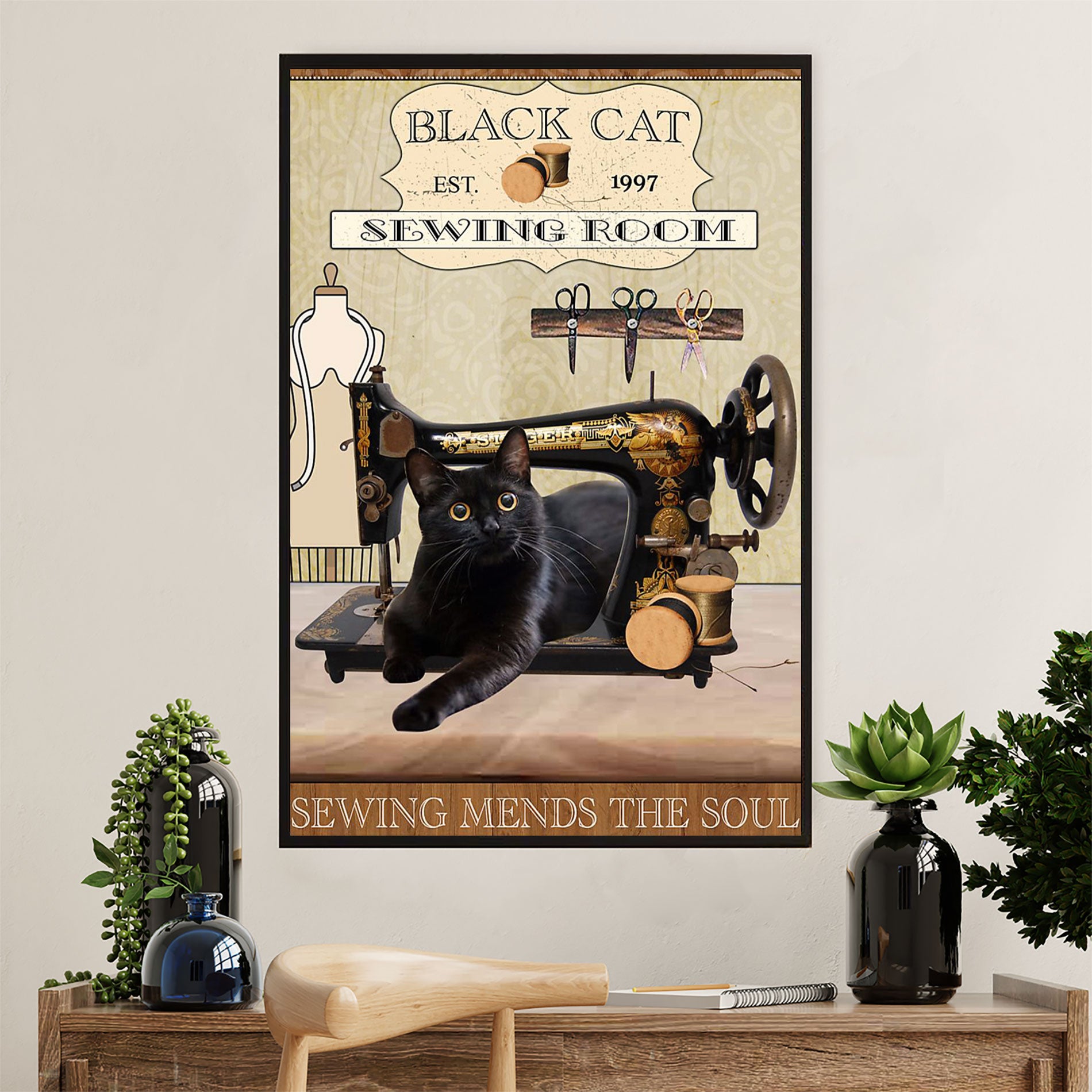 Cute Cat Canvas Prints | Black Cat Sewing Room | Wall Art Gift for Cat Kitties Lover