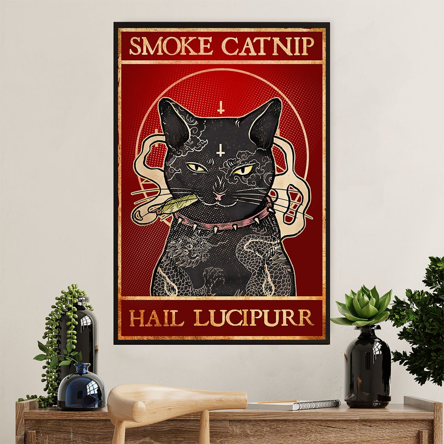 Cute Cat Poster Prints | Smoke Catnip Black Cat | Wall Art Gift for Cat Kitties Lover