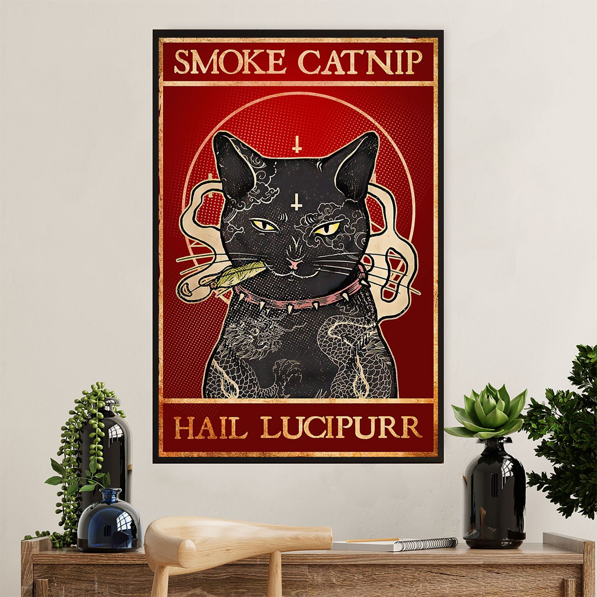 Cute Cat Poster Prints | Smoke Catnip Black Cat | Wall Art Gift for Cat Kitties Lover