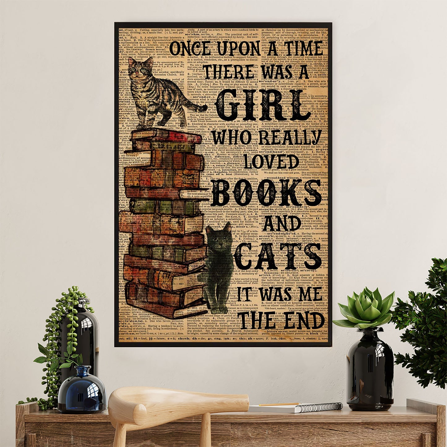 Cute Cat Poster Prints | Girl Loves Books & Cats | Wall Art Gift for Cat Kitties Lover