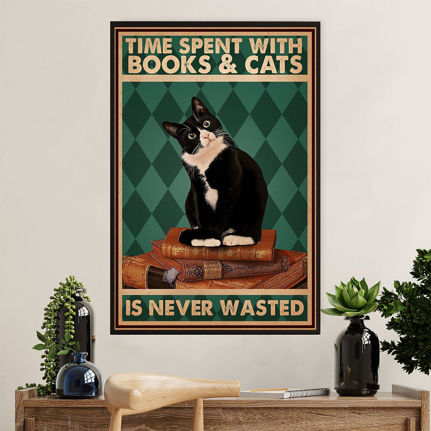 Cute Cat Canvas Prints | Loves Books & Cats | Wall Art Gift for Cat Kitties Lover