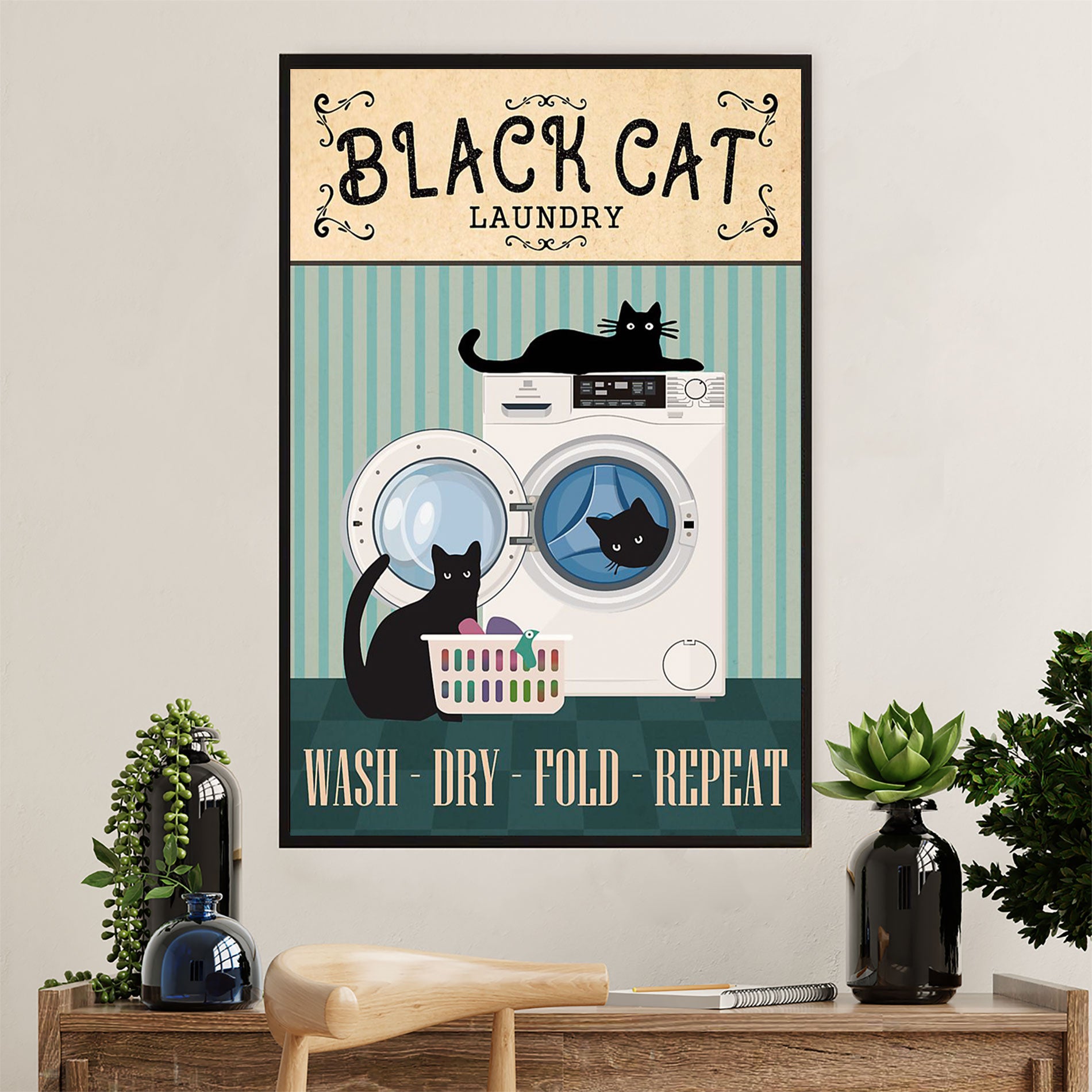 Cute Cat Poster Prints | Funny Black Cat Laundry | Wall Art Gift for Cat Kitties Lover