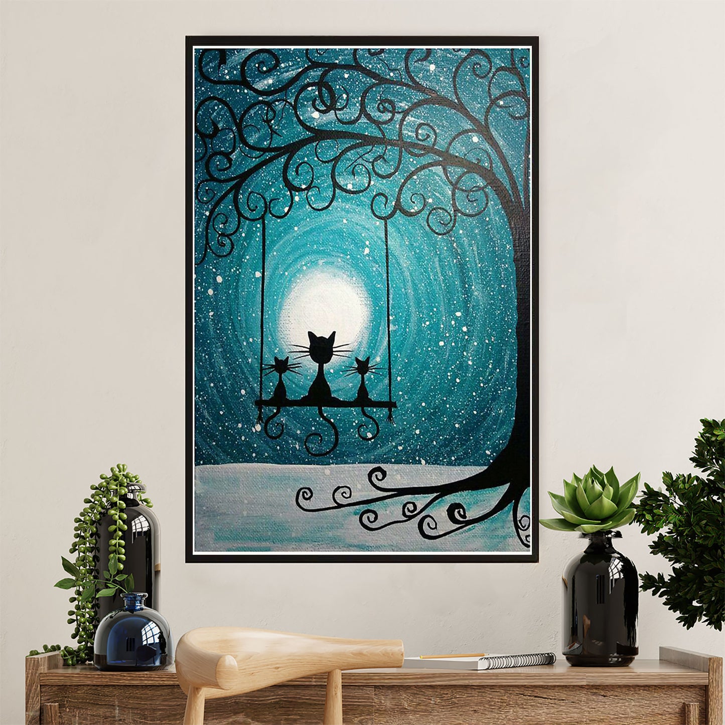 Cute Cat Canvas Prints | Moon Black Cat | Wall Art Gift for Cat Kitties Lover