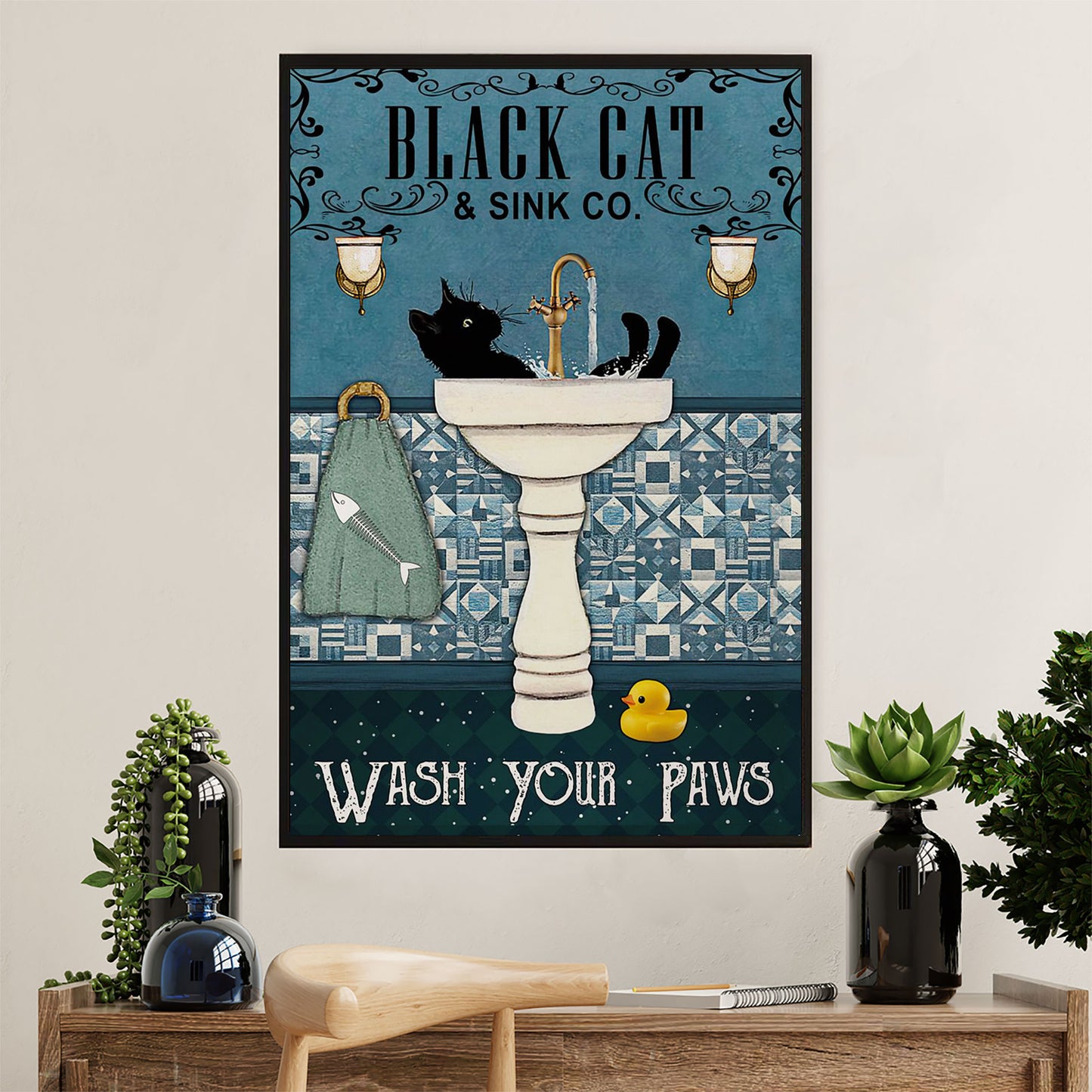 Cute Cat Poster Prints | Funny Black Cat Sink | Wall Art Gift for Cat Kitties Lover