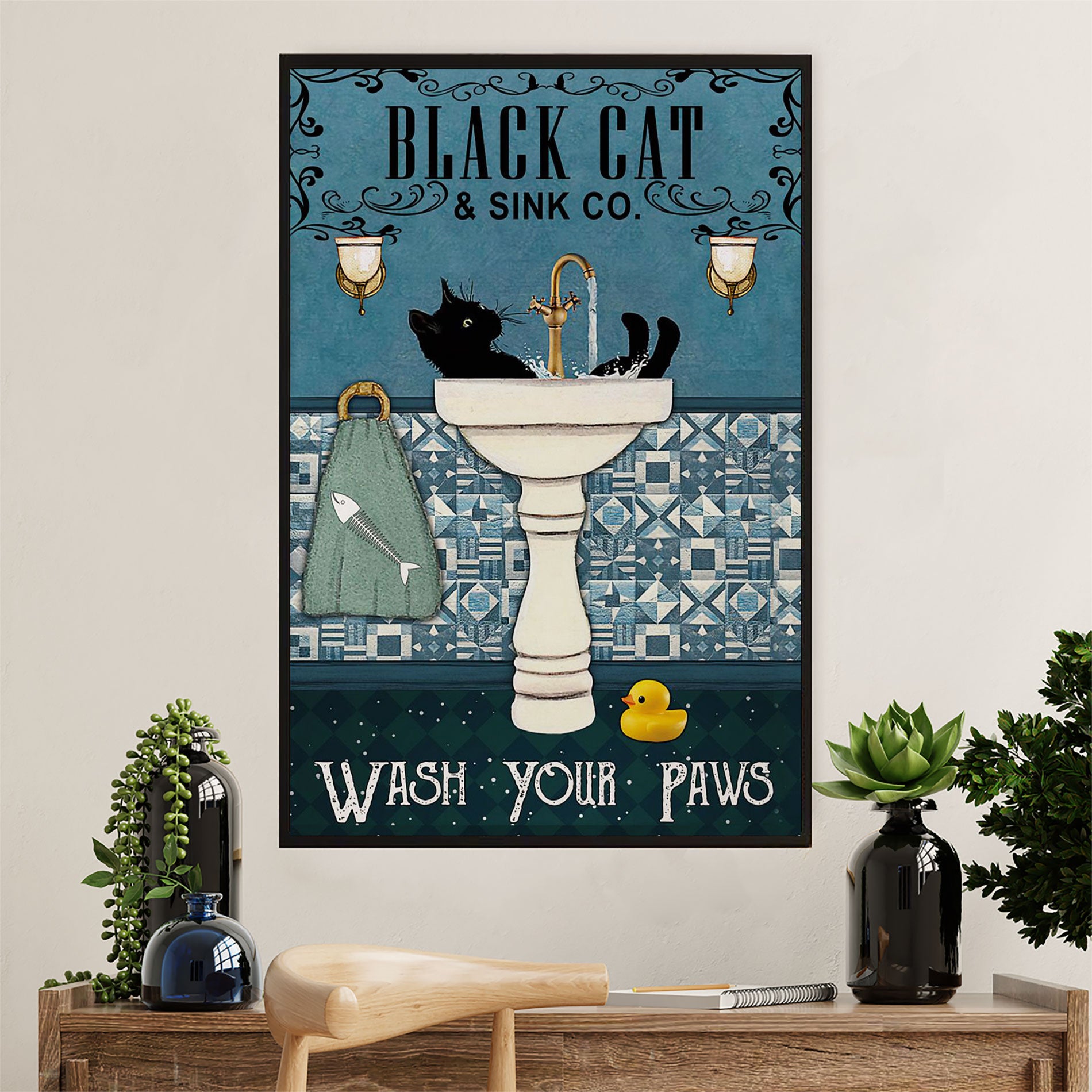 Cute Cat Poster Prints | Funny Black Cat Sink | Wall Art Gift for Cat Kitties Lover