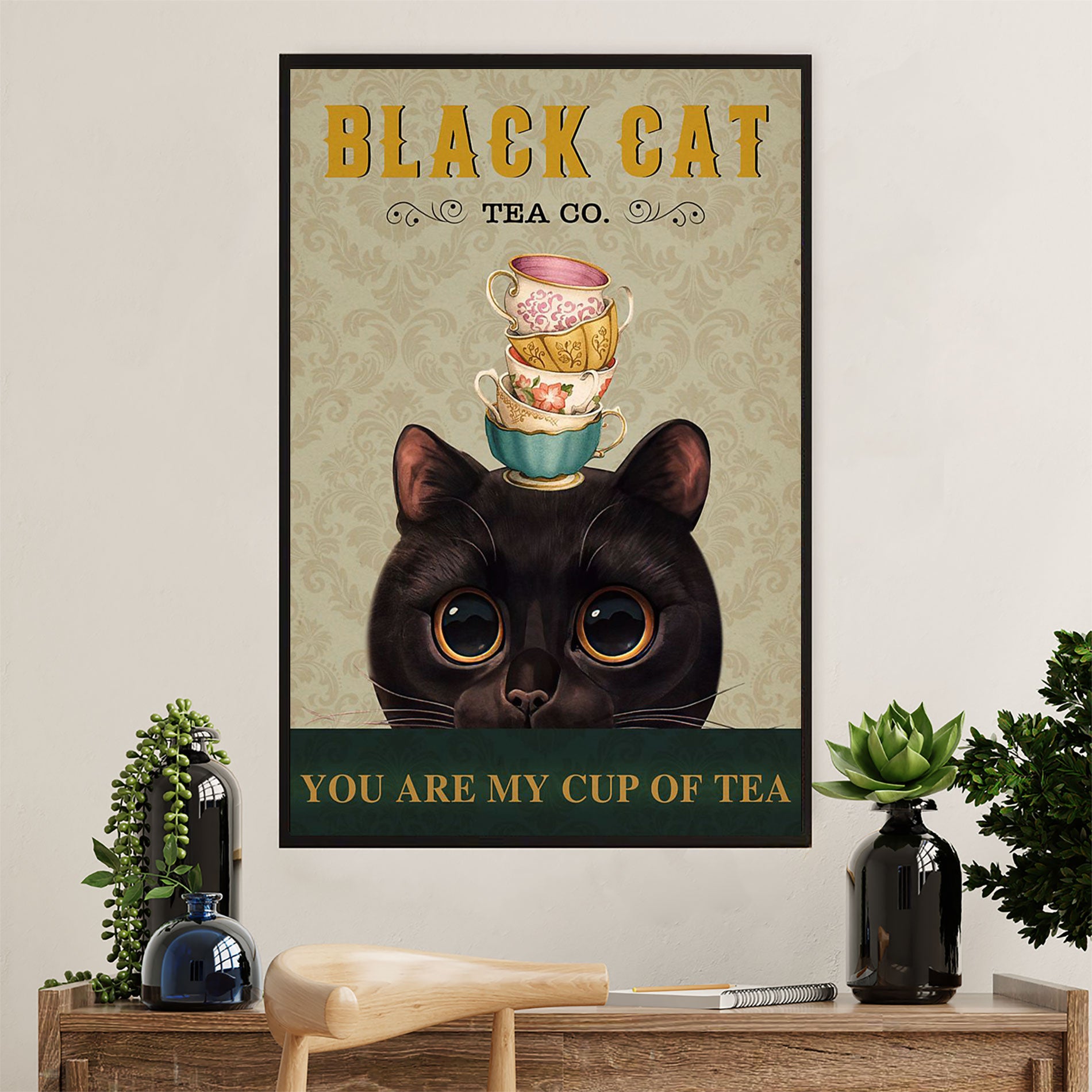 Cute Cat Poster Prints | Funny Black Cat Tea | Wall Art Gift for Cat Kitties Lover