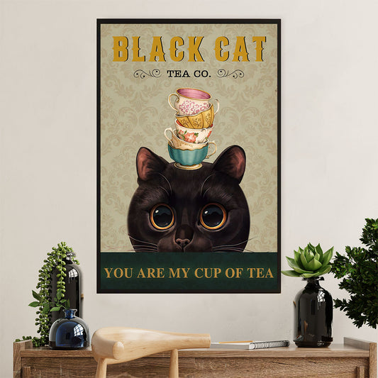 Cute Cat Poster Prints | Funny Black Cat Tea | Wall Art Gift for Cat Kitties Lover
